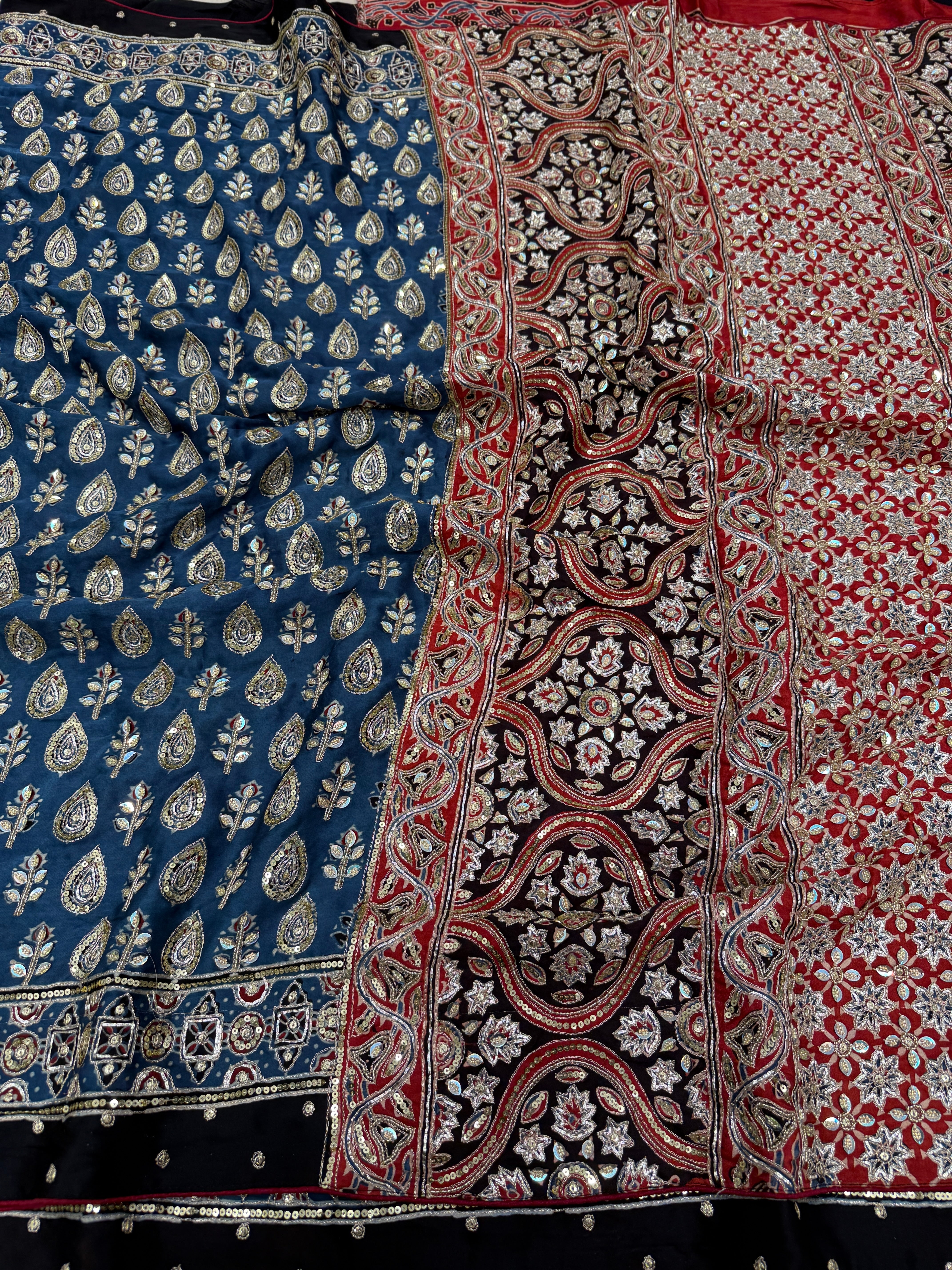 Blue Butta Pita Sequin Ajrakh Hand Embroidery Saree