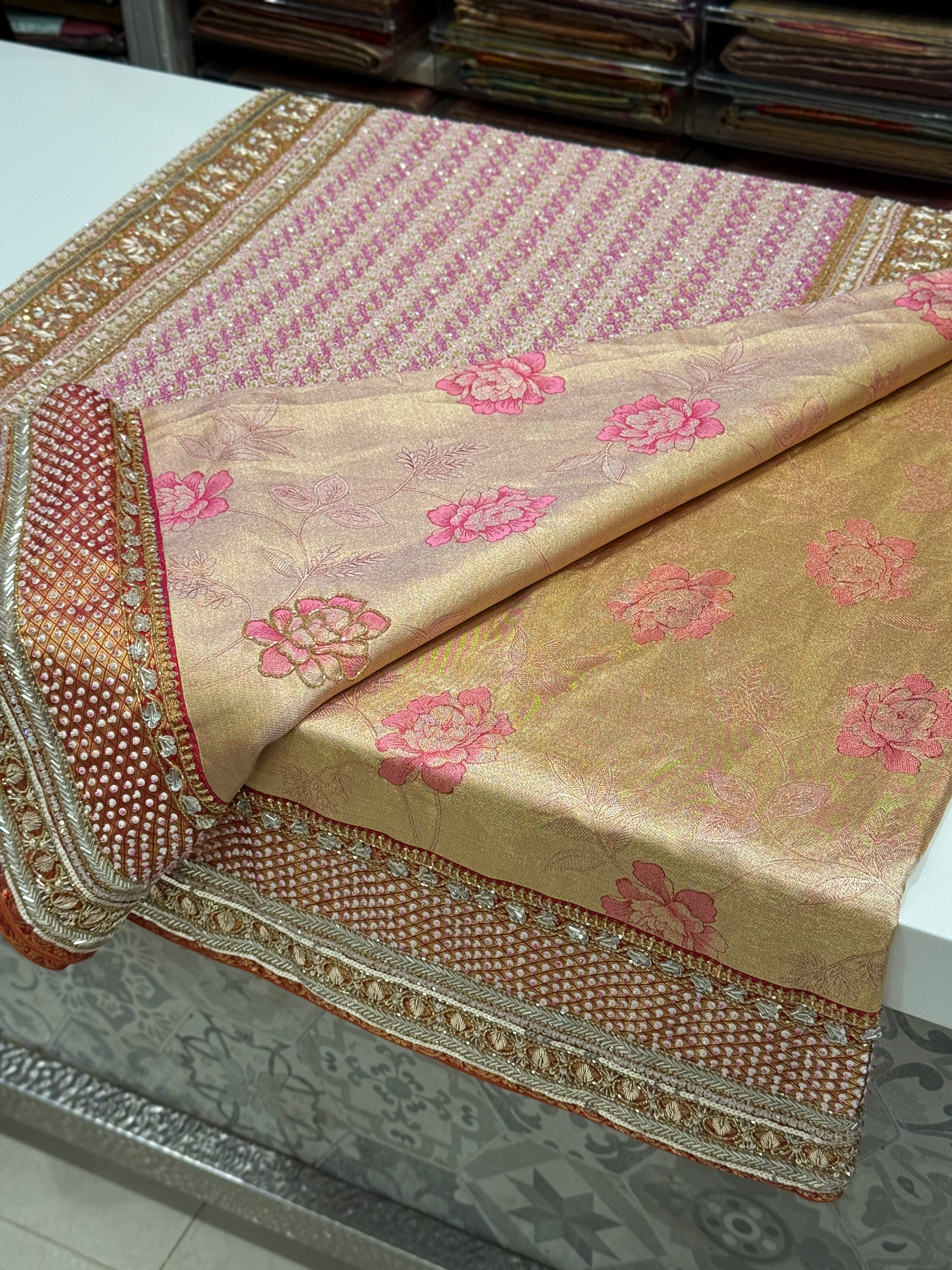 Rani Pink Rose Edit Tissue Kanjivaram Hand Embroidery Saree