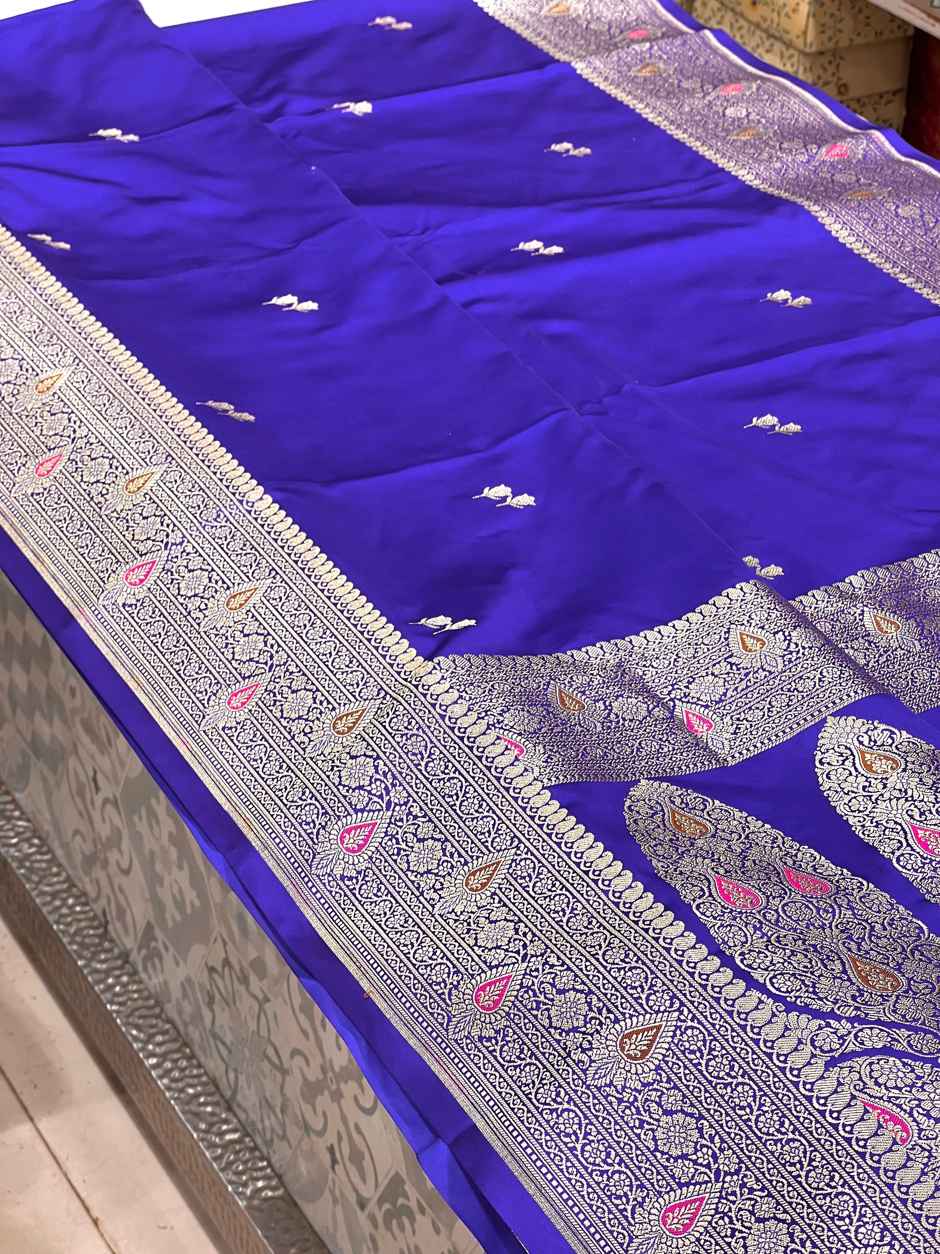 Ink Blue Banarasi Tulips Butti Meena Saree