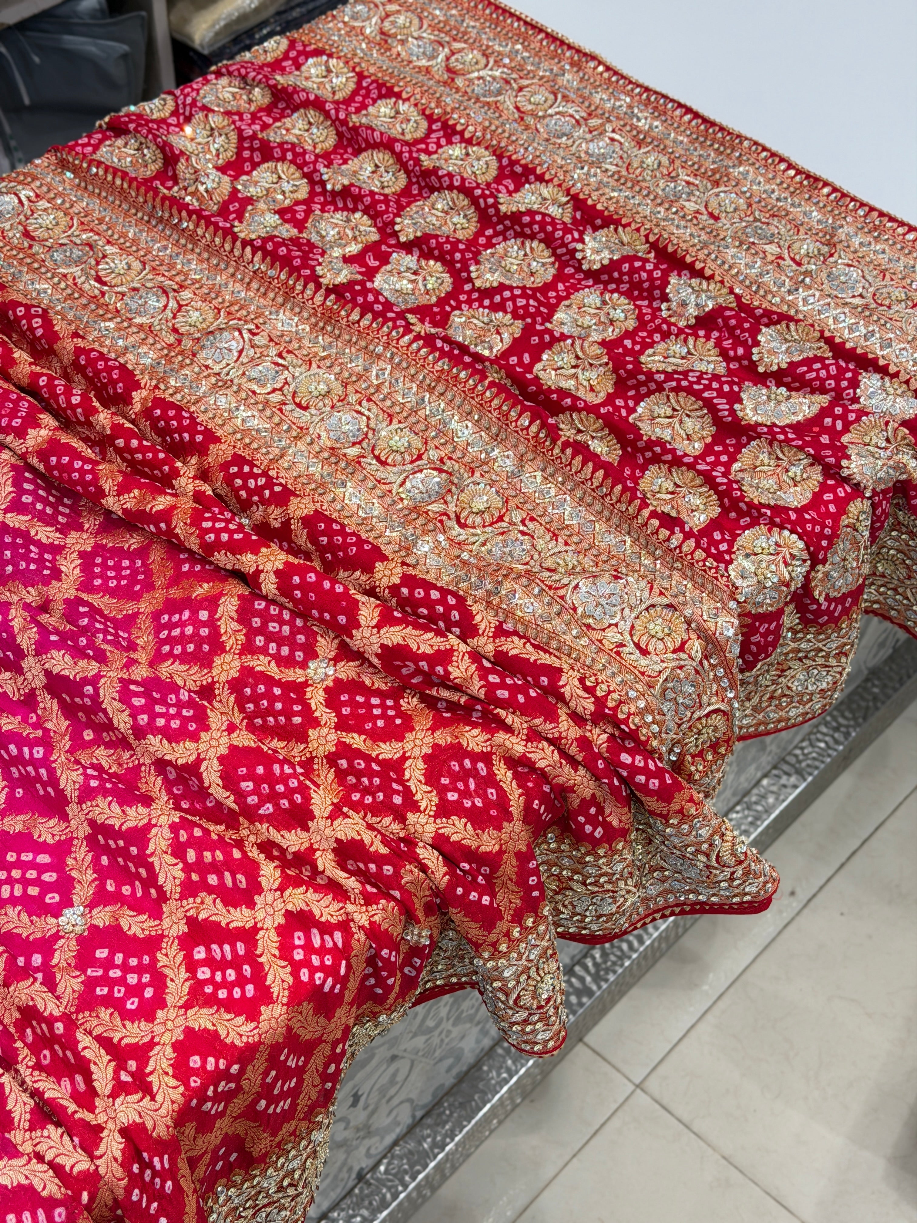 Red Rani Shaded Bandhej Zardosi Pita Hand Embroidery Saree