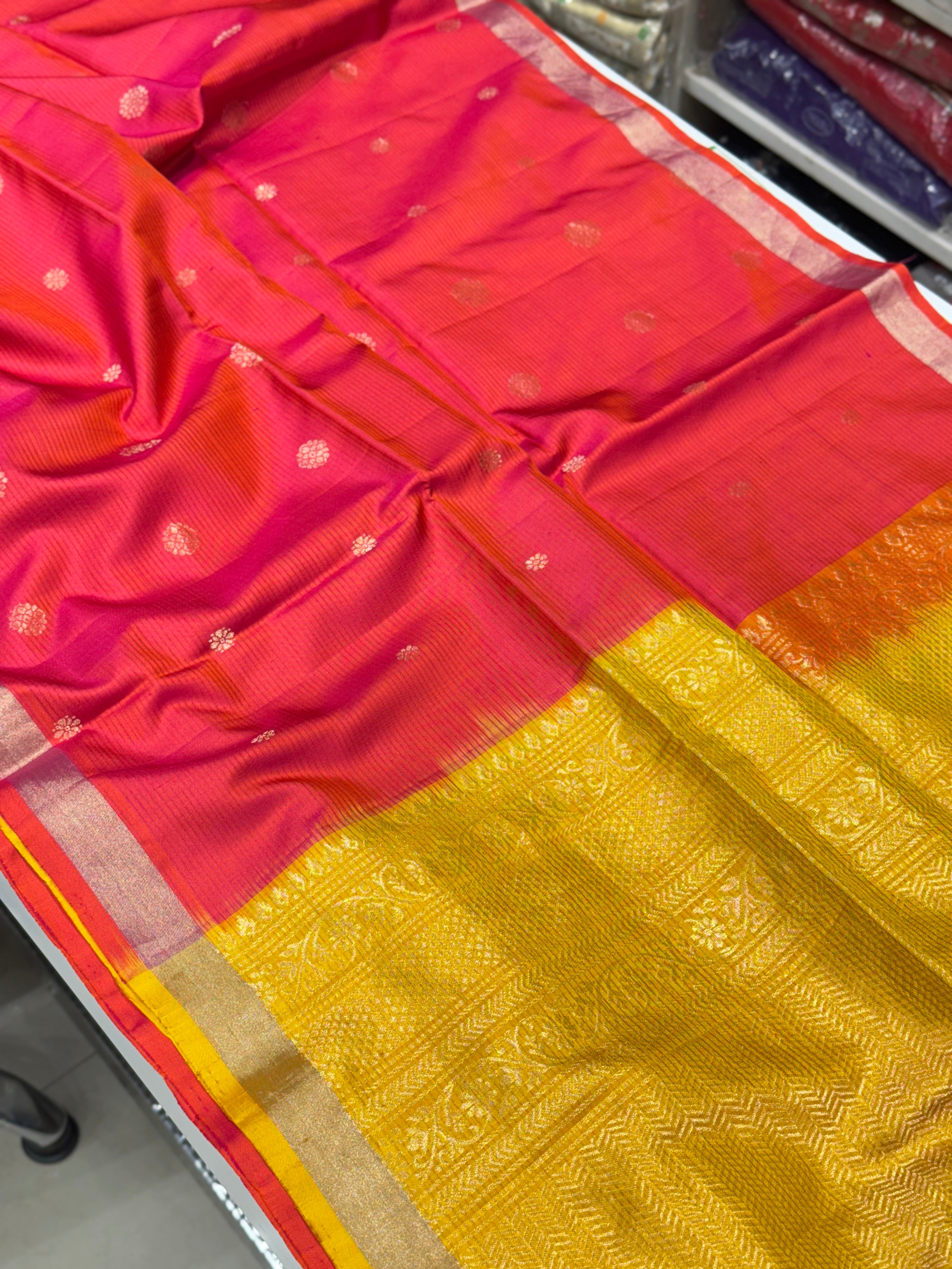 Rani with Yellow Buttis Handloom Kanchipuram Pure Silk Saree