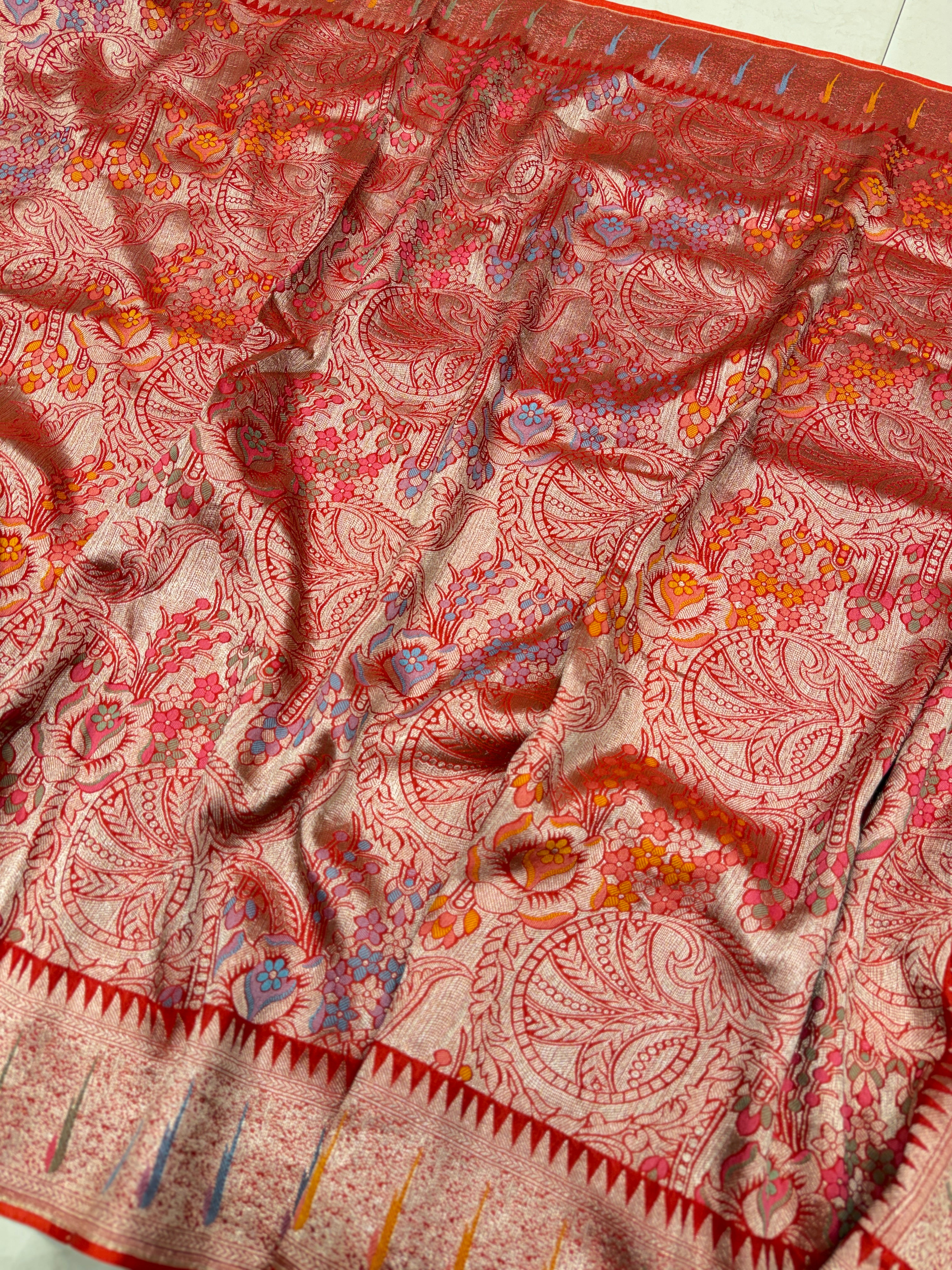 Red Banarasi Munga Tissue Meenakari Saree