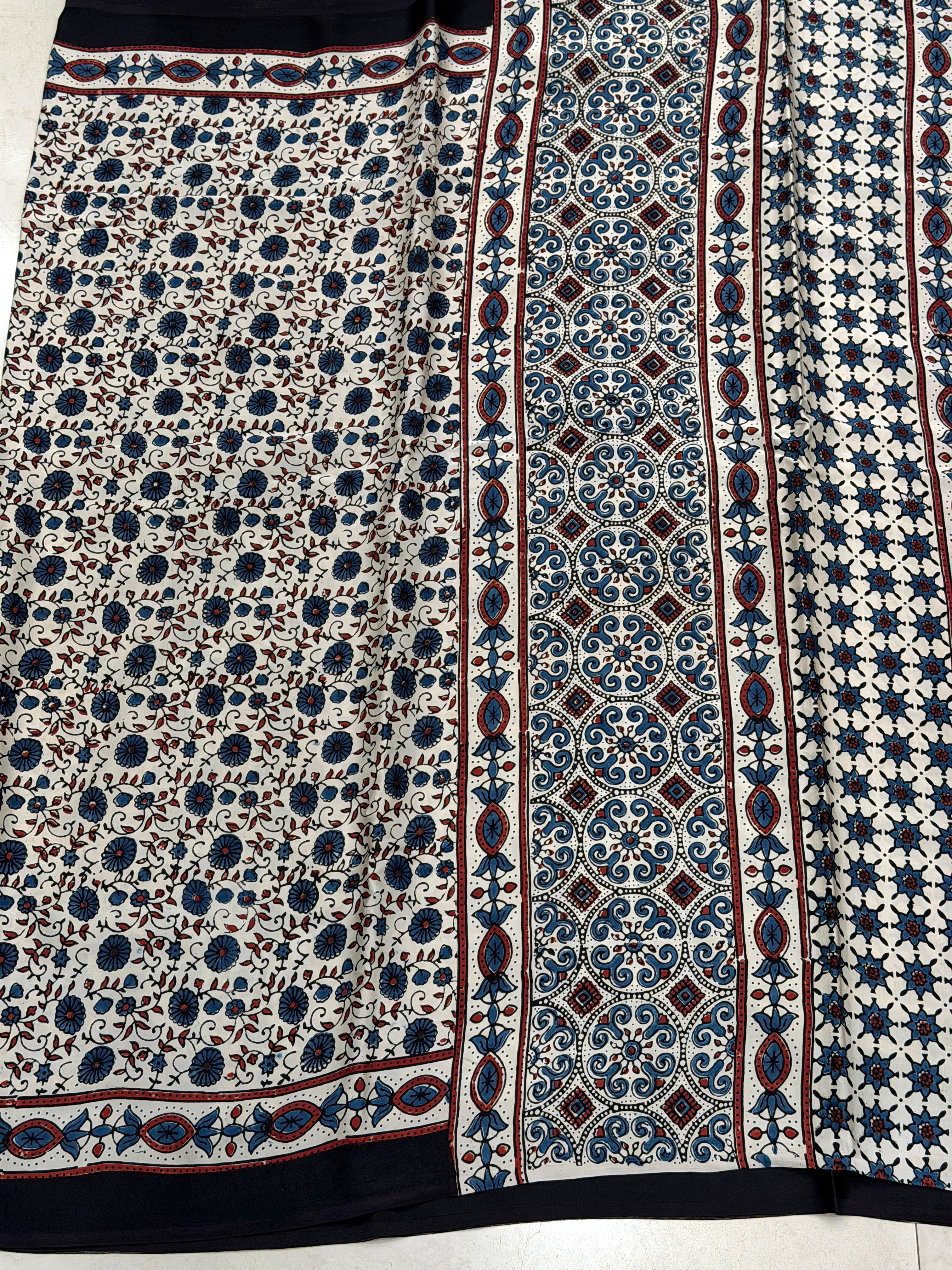 White Floral Jaal Ajrakh Hand Block Print Pure Modal Silk Saree