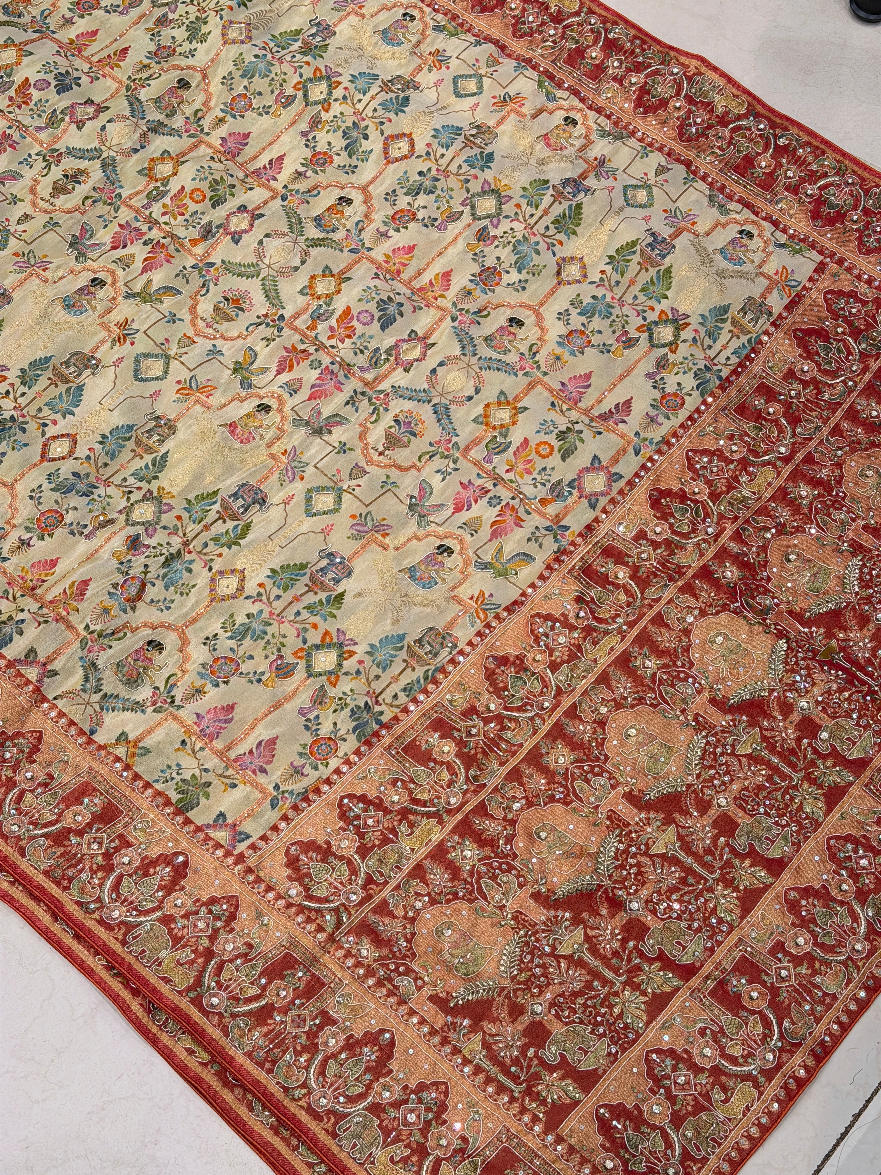 Beige Munga Tissue Weaved Pashmina Style Hand Embroidery Saree