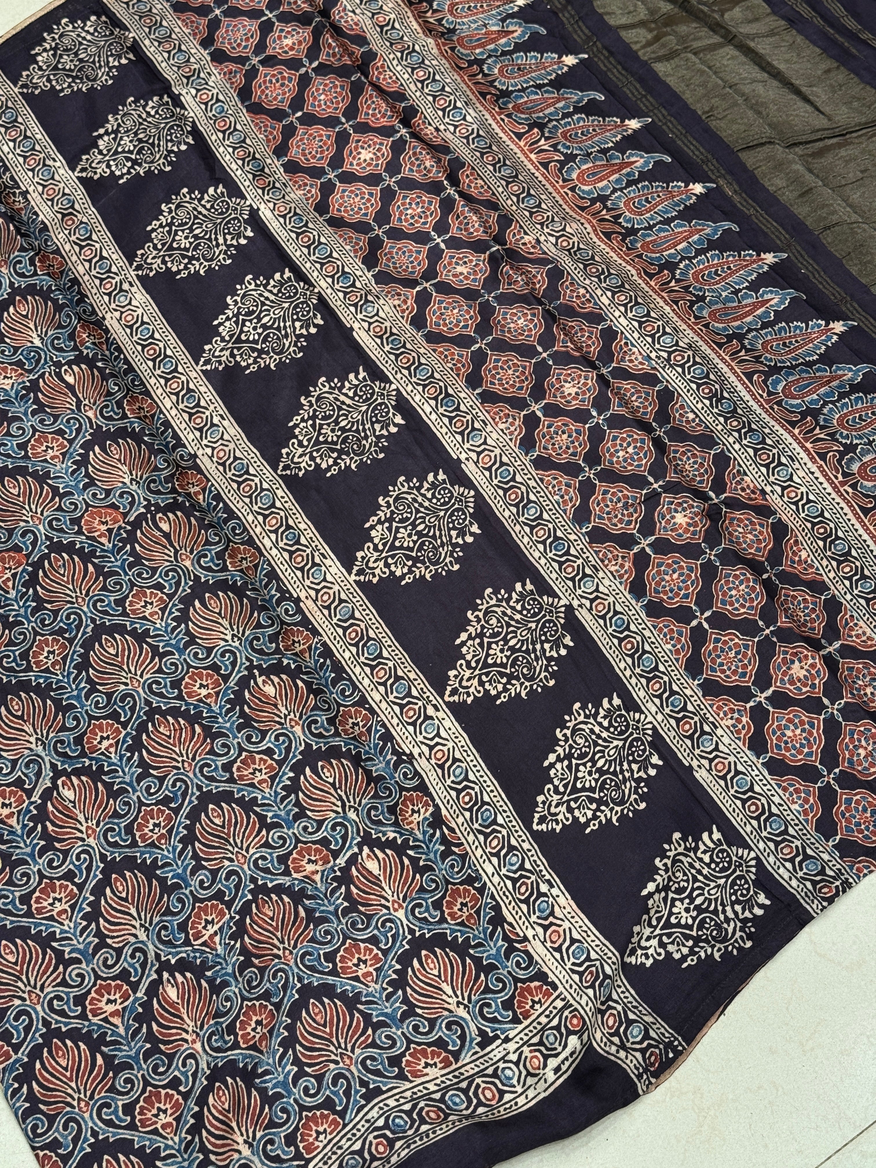 Crown Jaal Ajrakh Modal Gajji Silk Saree