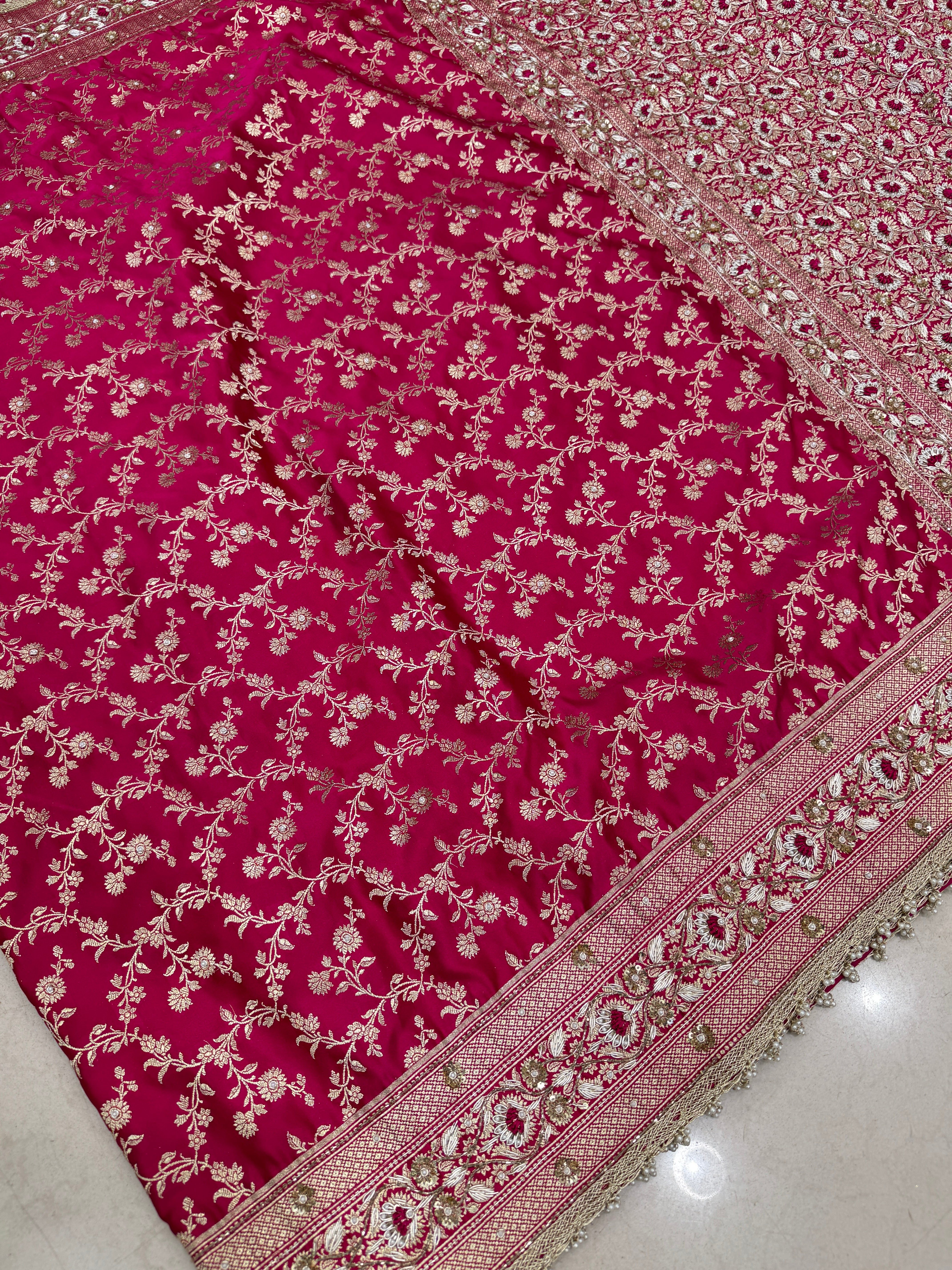 Rani Banarasi Flower Border Resham Zardosi Embroidery Saree