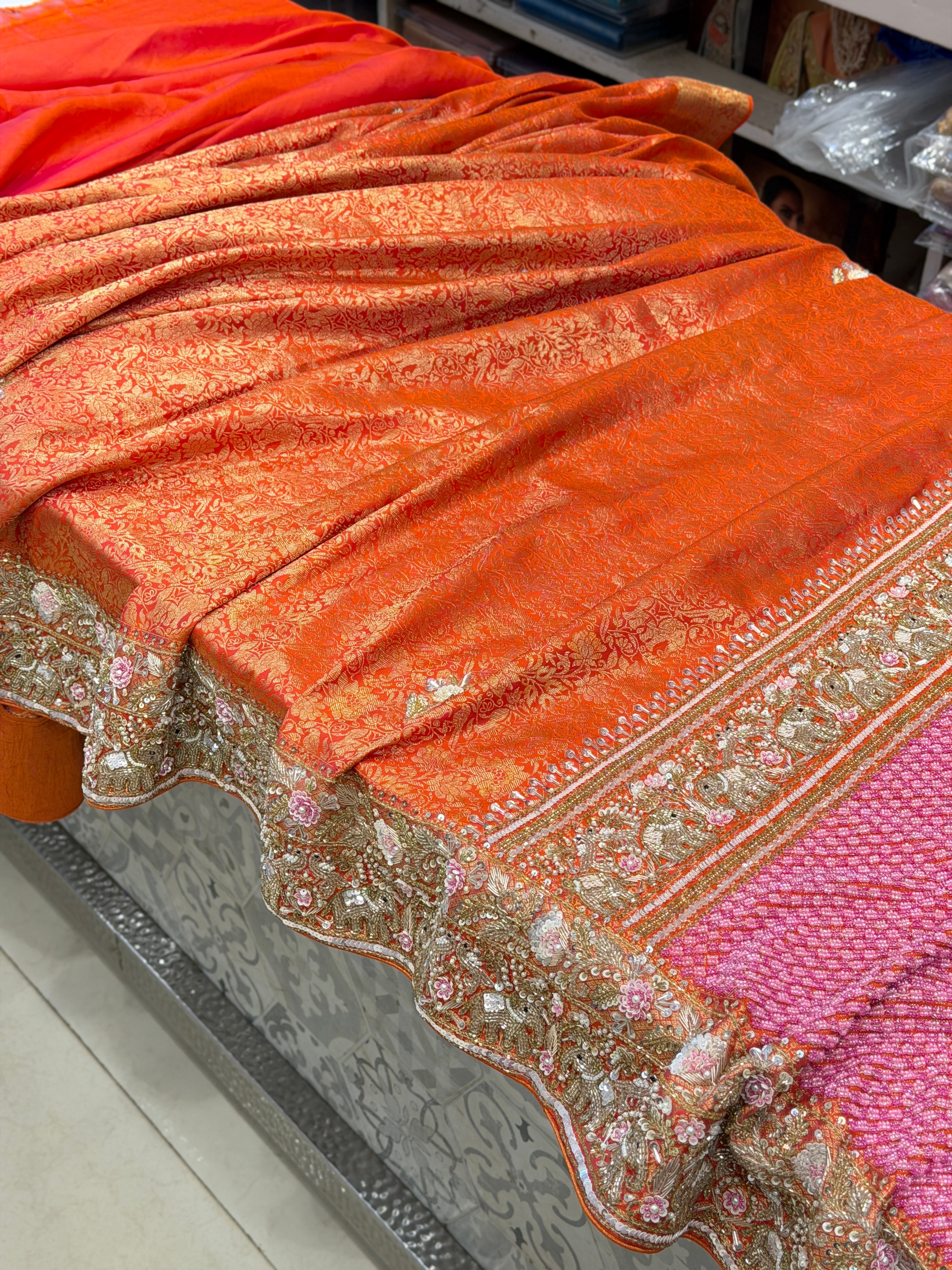 Orange Kanjivaram Elephant Motif Zardosi Moti Hand Embroidery Saree
