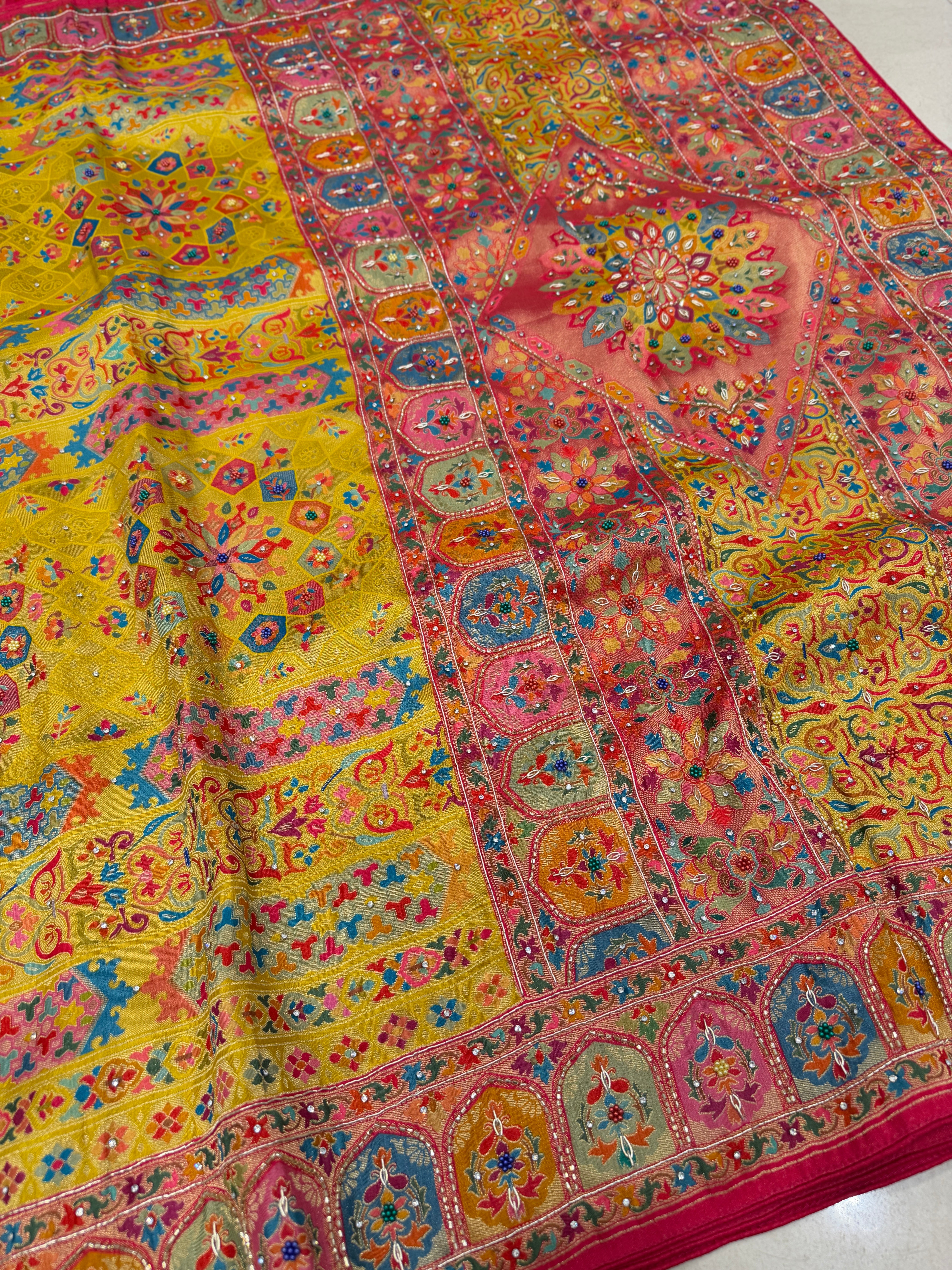Yellow Banarasi Munga Pashmina Style Hand Embroidery Saree