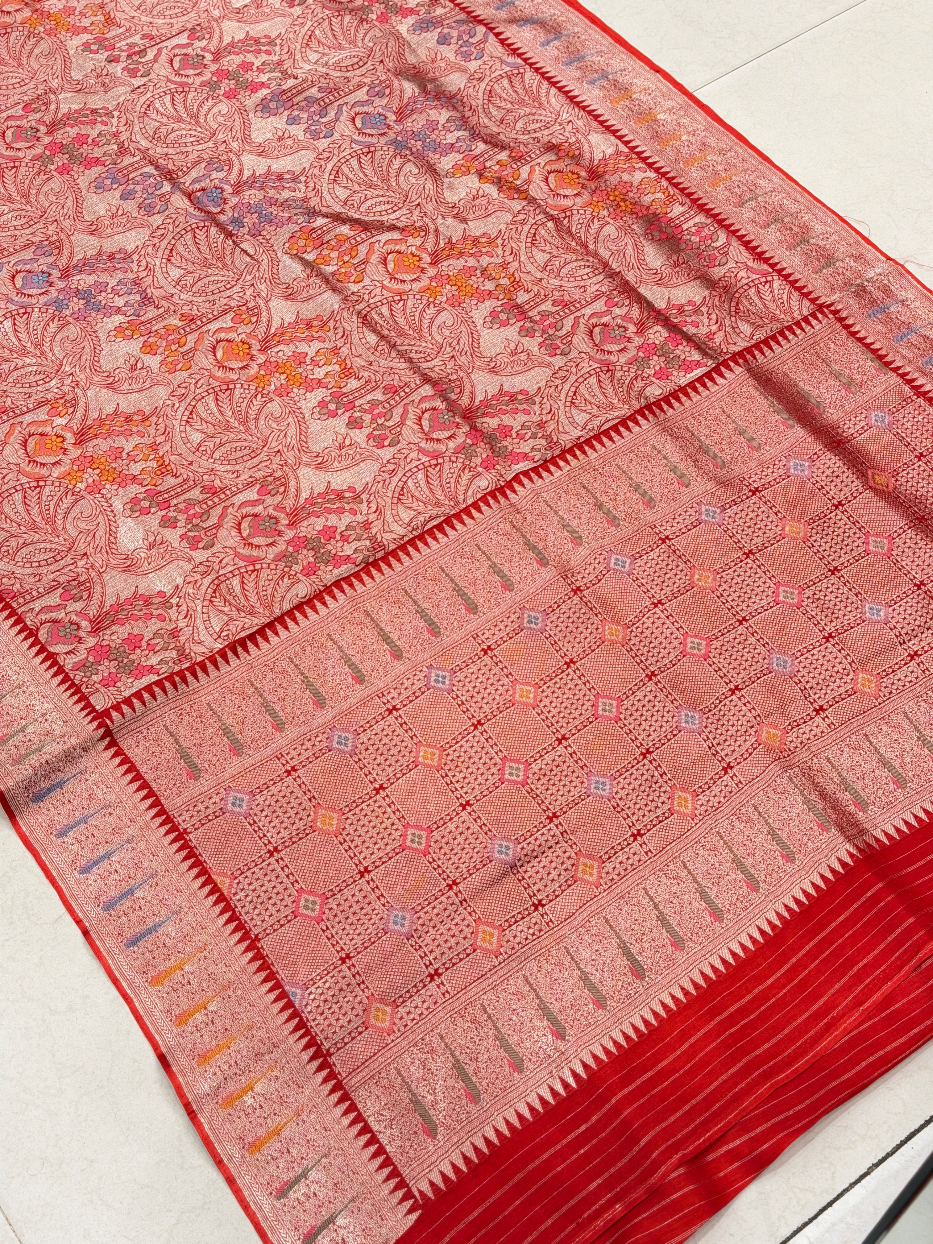 Red Banarasi Munga Tissue Meenakari Saree