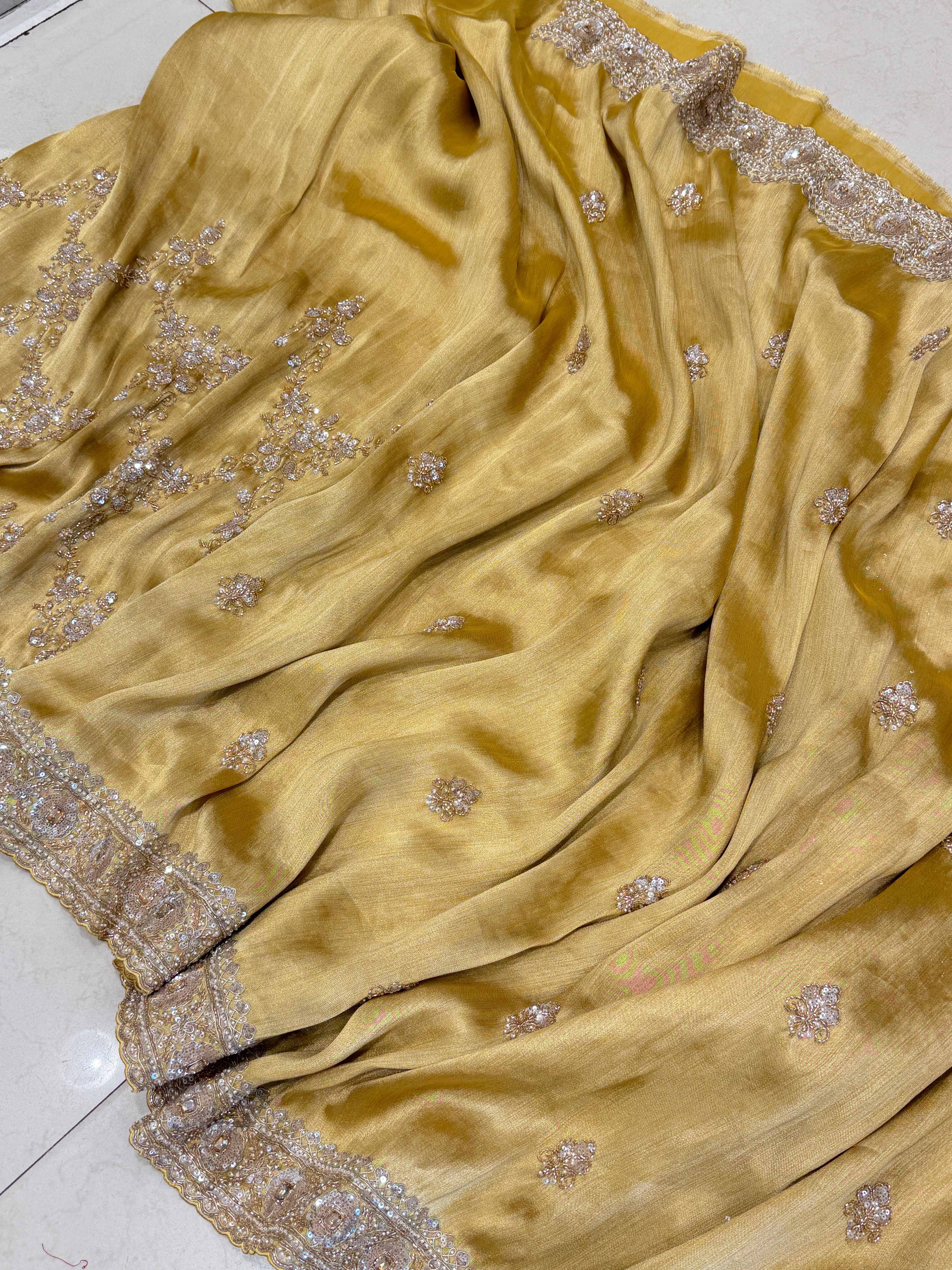 Yellow Tissue Half and Half Embroidery Cutdana Moti Jaal Saree