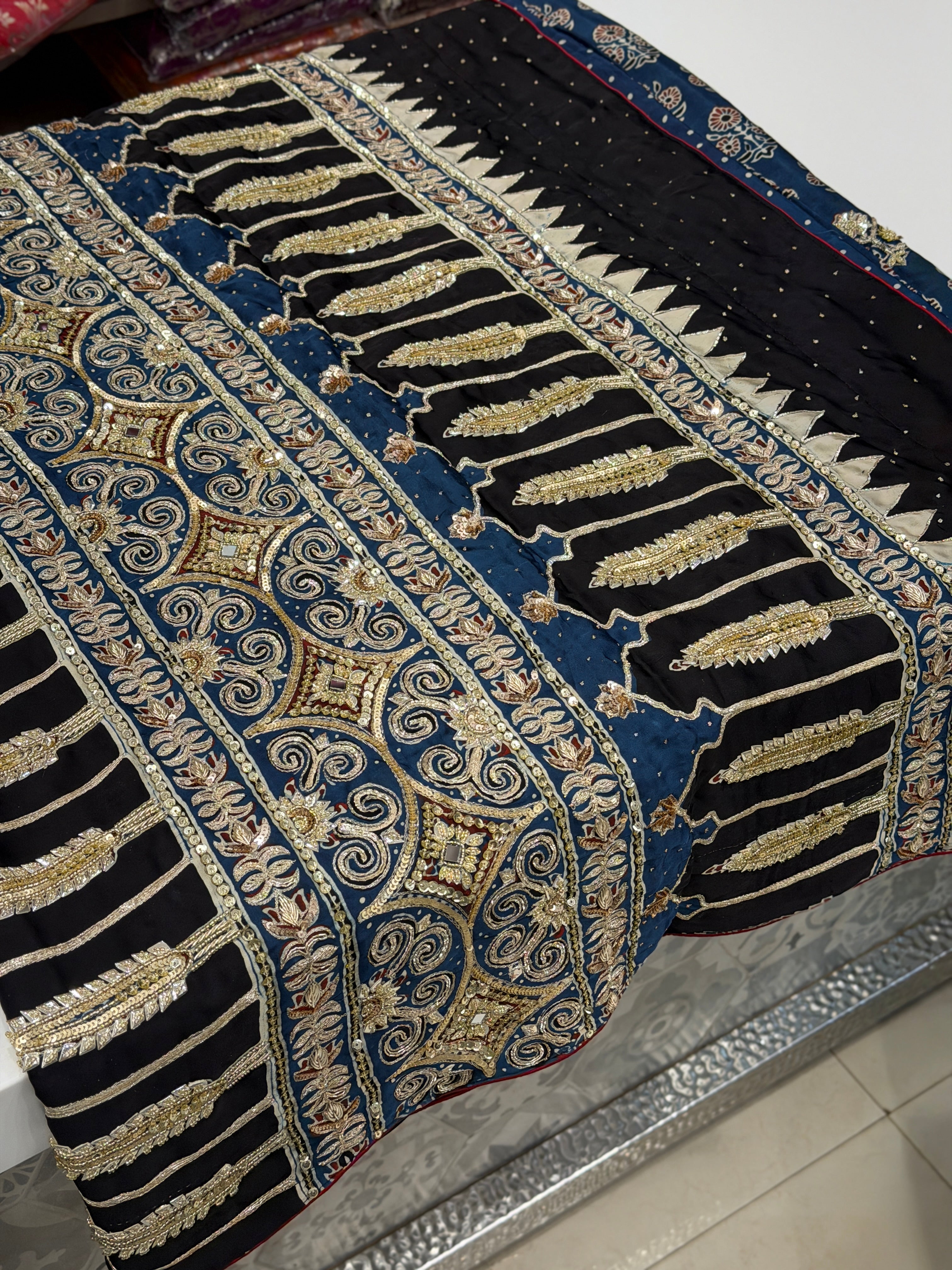 Blue Buttas Pita Zardosi Sequin Ajrakh Hand Embroidery Saree