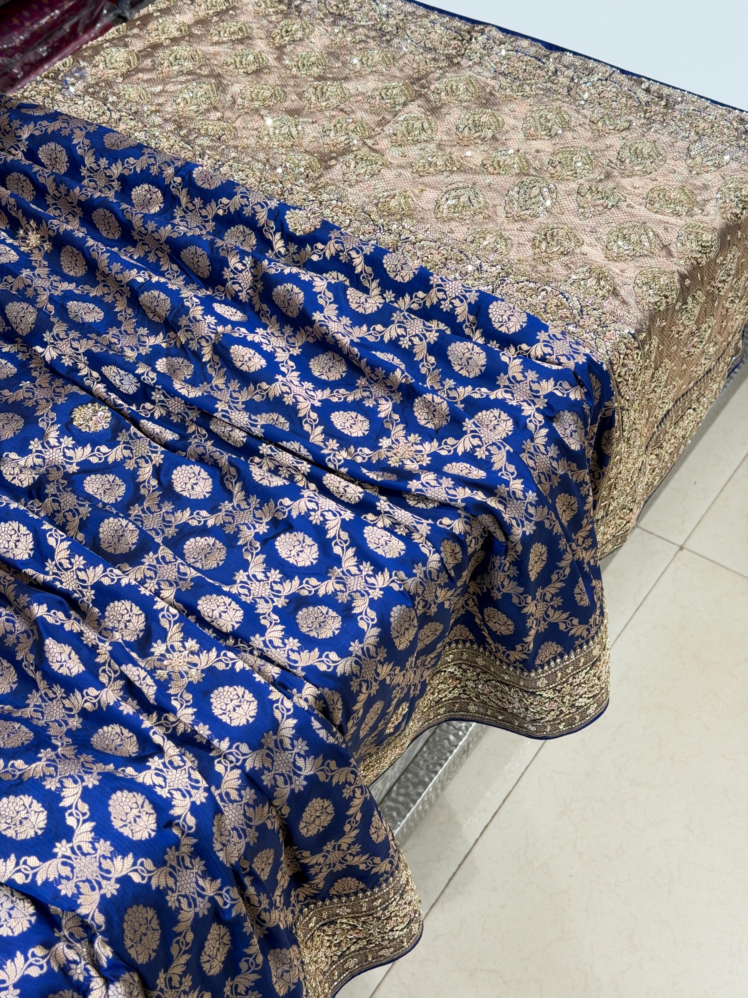 Blue Handloom Banarasi Katan Zardosi Hand Embroidery
