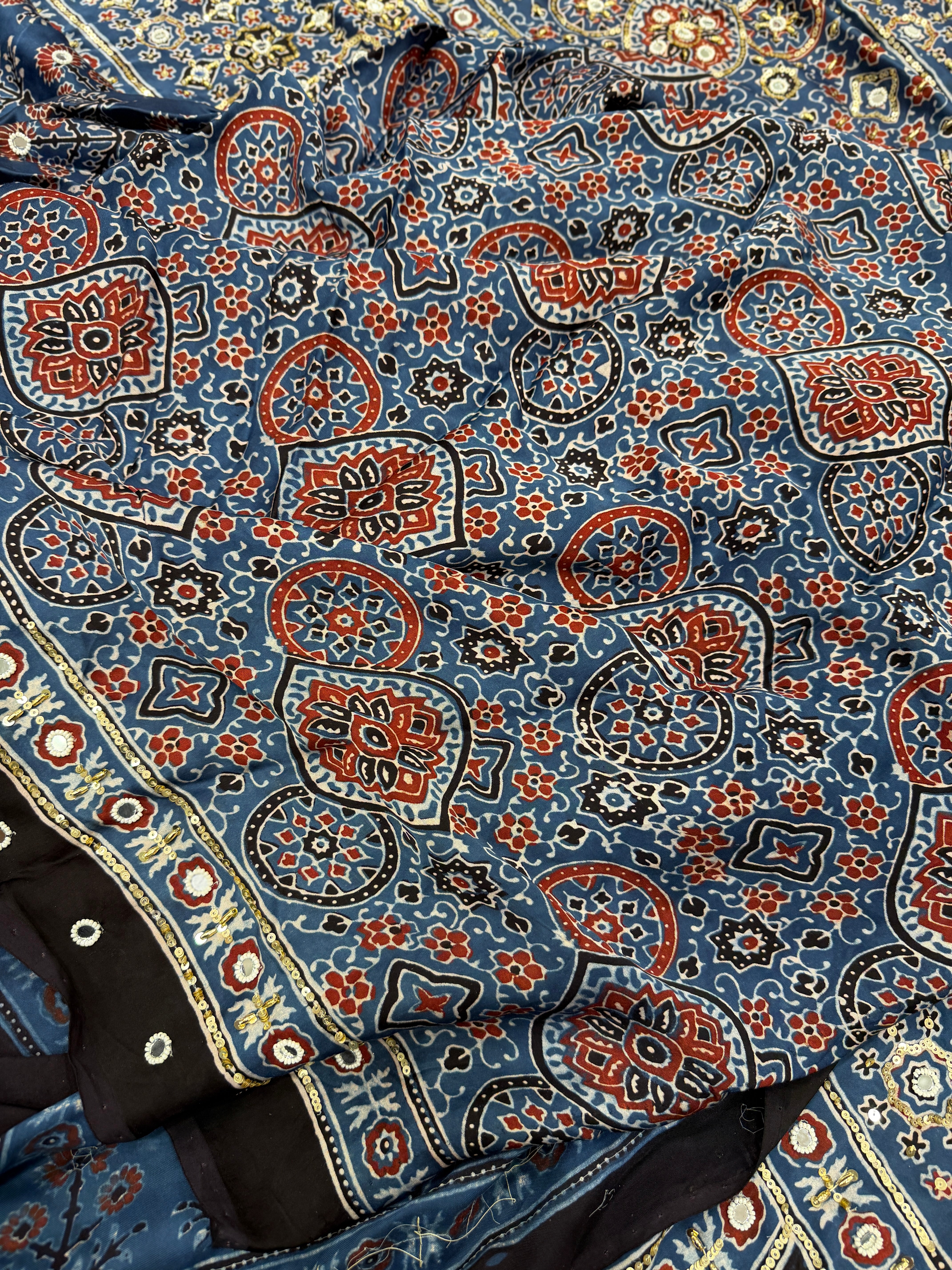 Blue Three Floral Buttas Ajrakh Real Mirror Moti Sequin Hand Embroidery Saree
