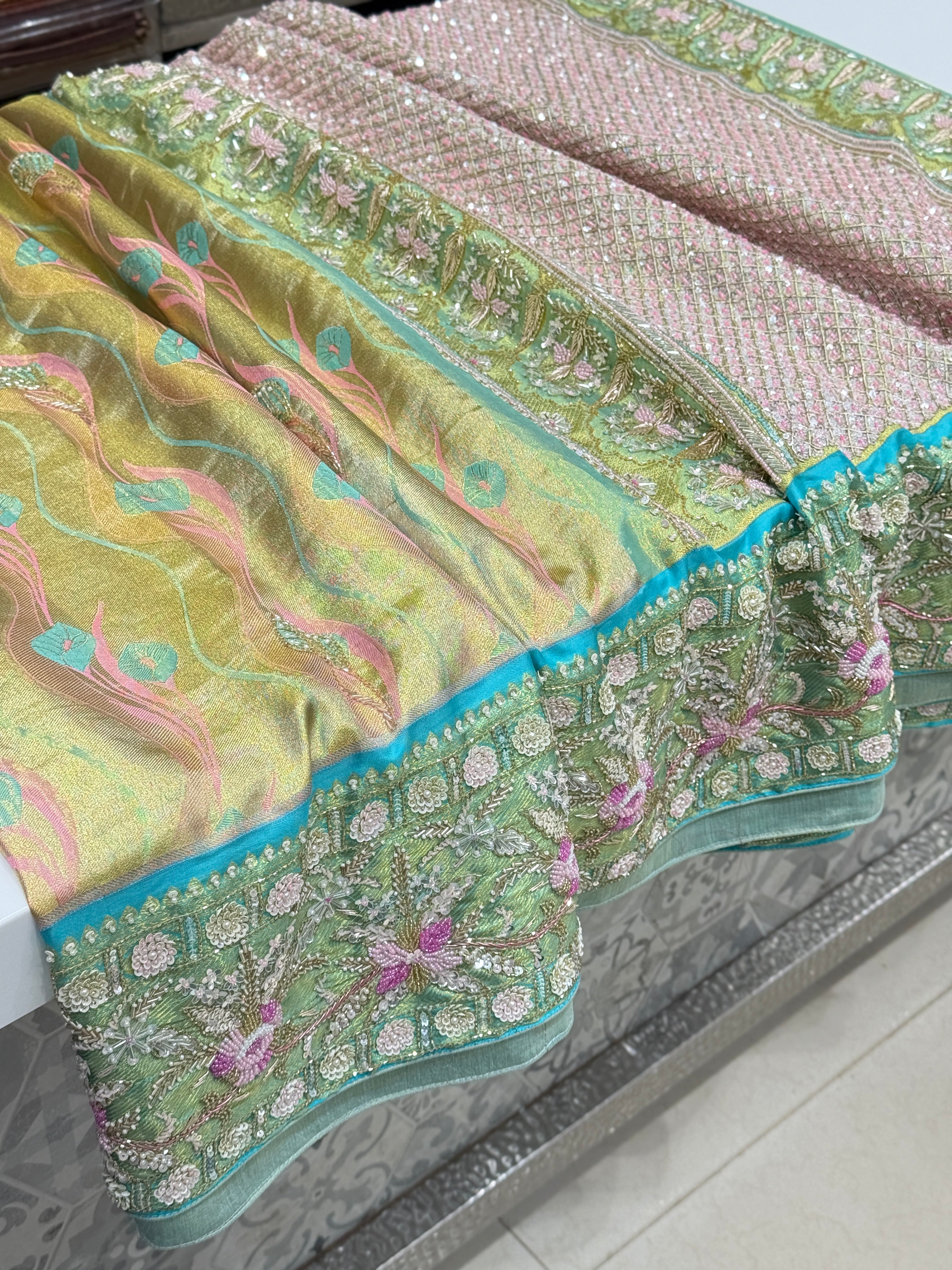 Green Meenakari Tissue Kanjivaram Hand Embroidery Saree