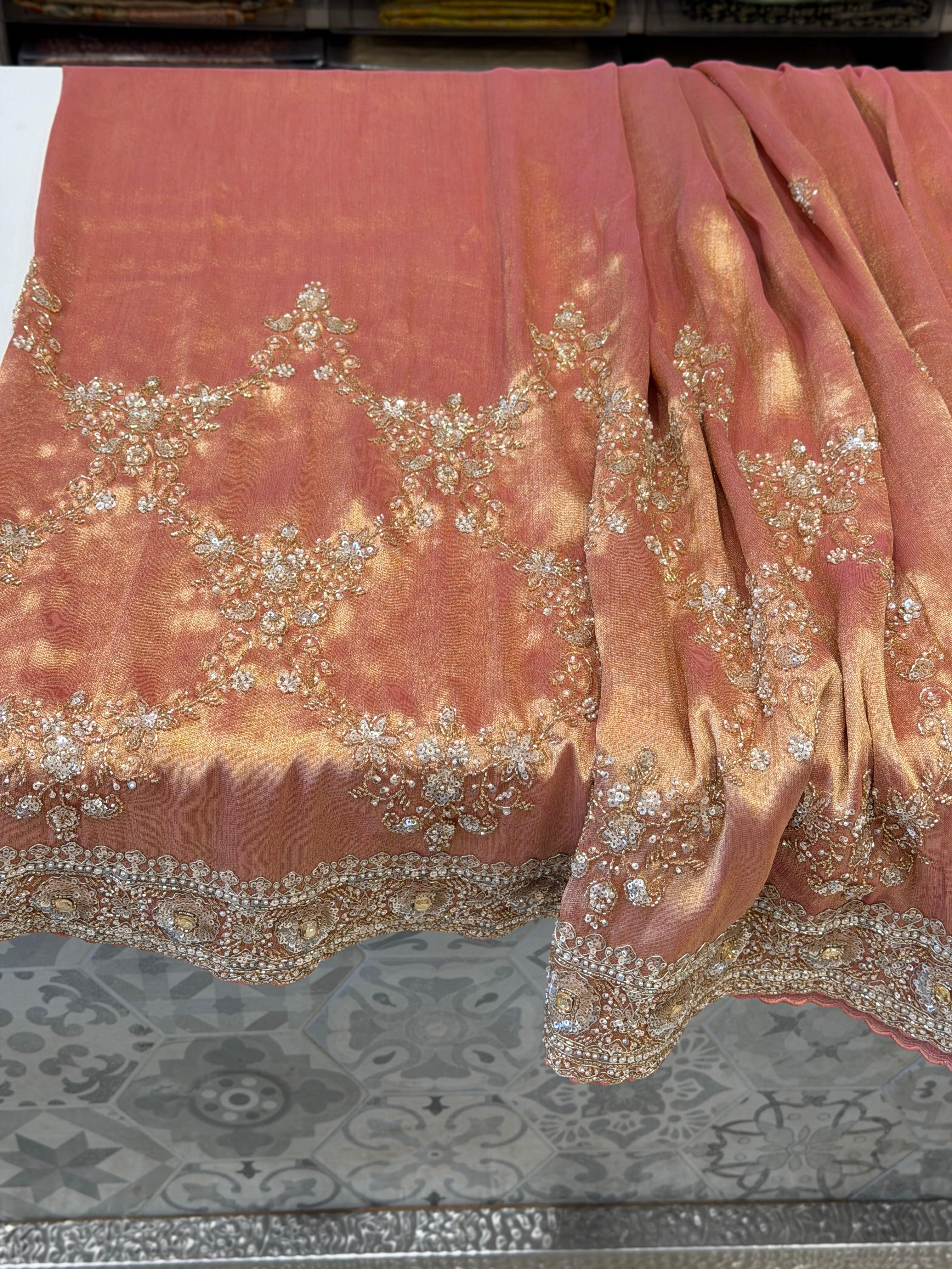 Pink Tissue Half and Half Embroidery Butta Jaal Saree