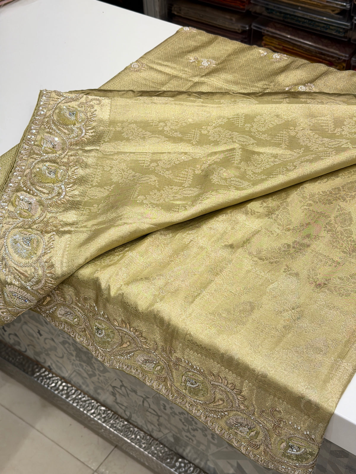 Golden Floral Jaal Kanjivaram Moti Zardosi Hand Embroidery Saree
