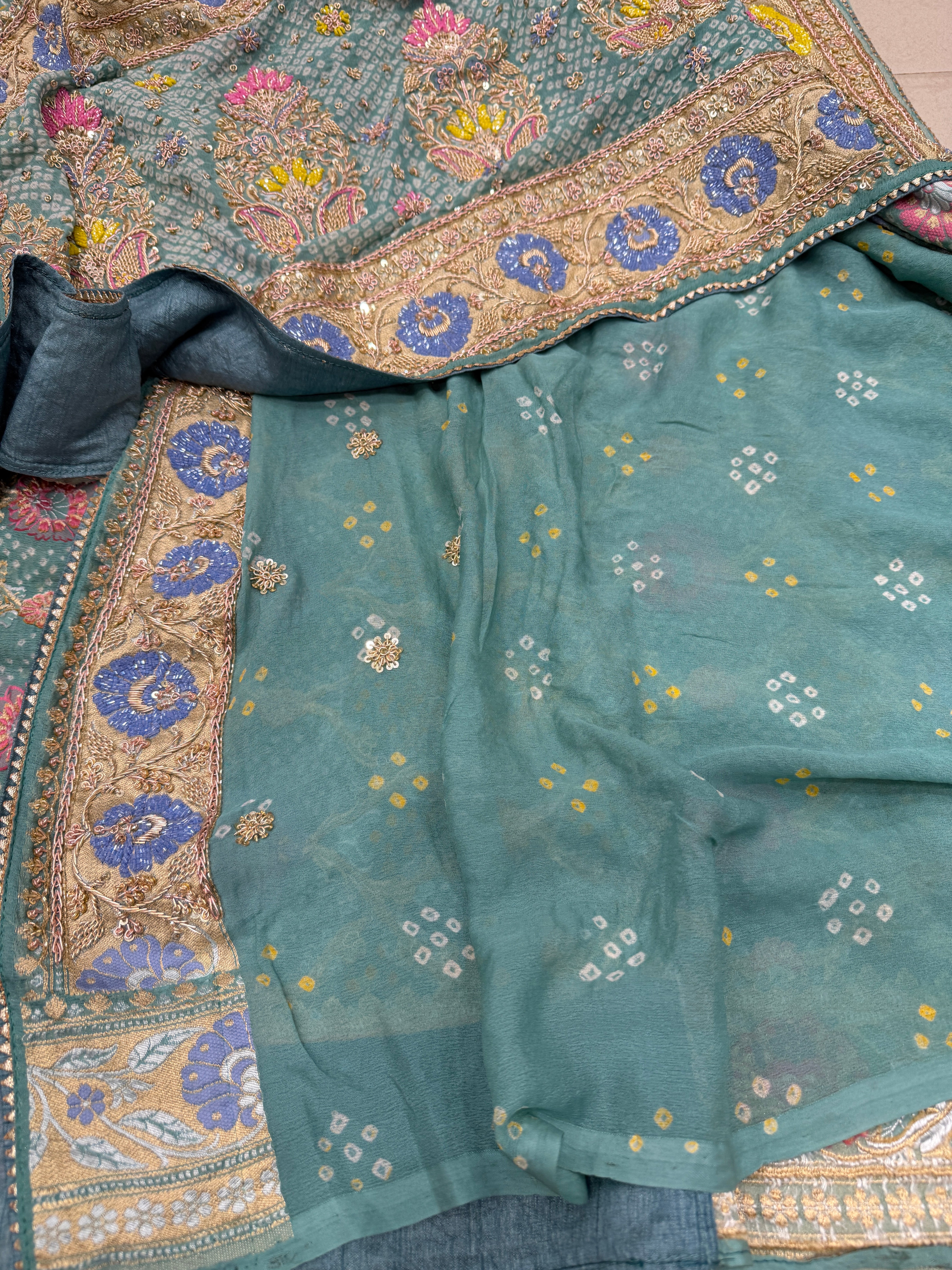 Pastel Powder Blue Meenakari Bandhej Zardodi Sequin Hand Embroidery Saree