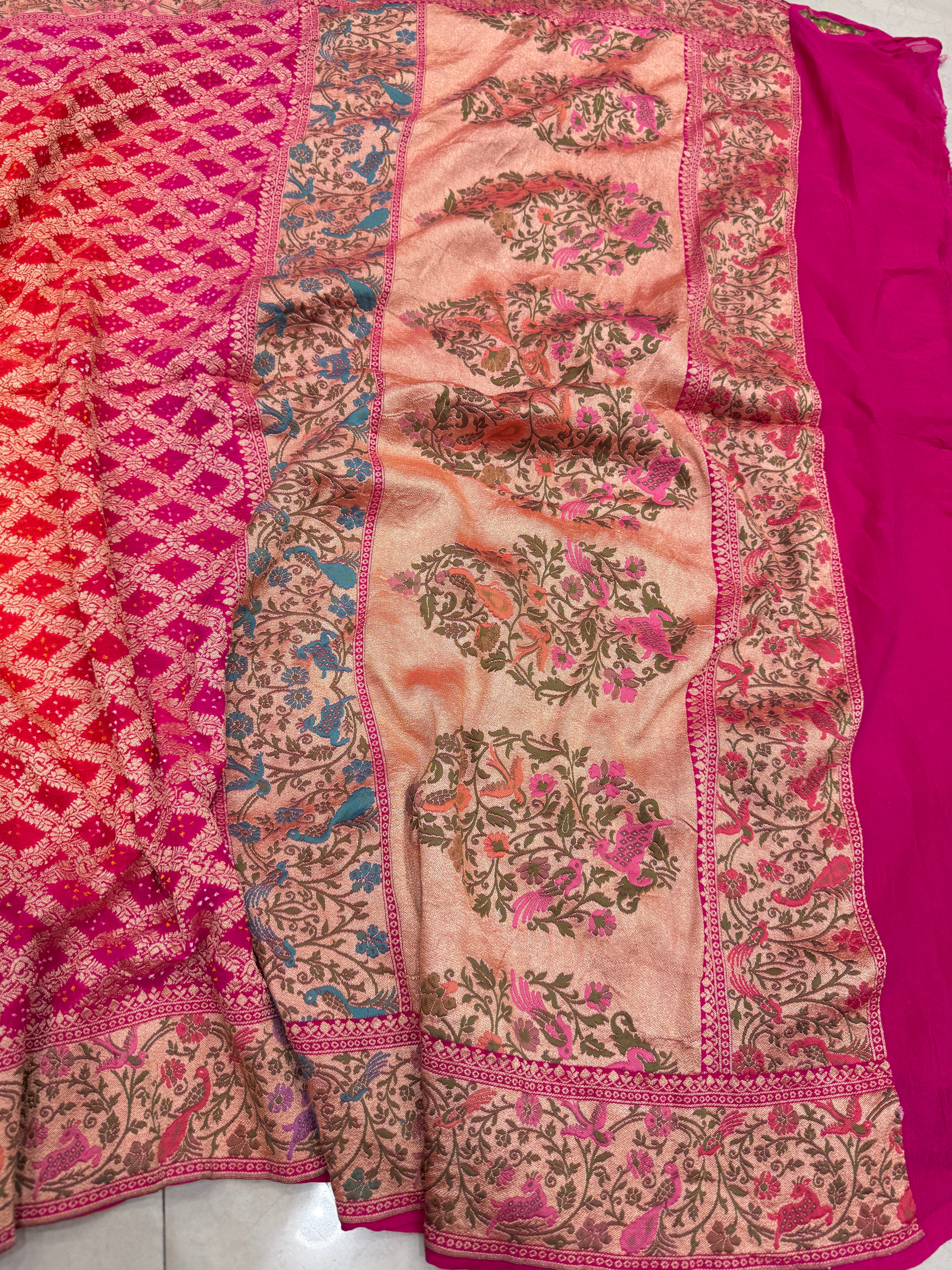 Rani Orange Shaded Shikara Border Meenakari Rai Bandhej Georgette Bandhini Saree