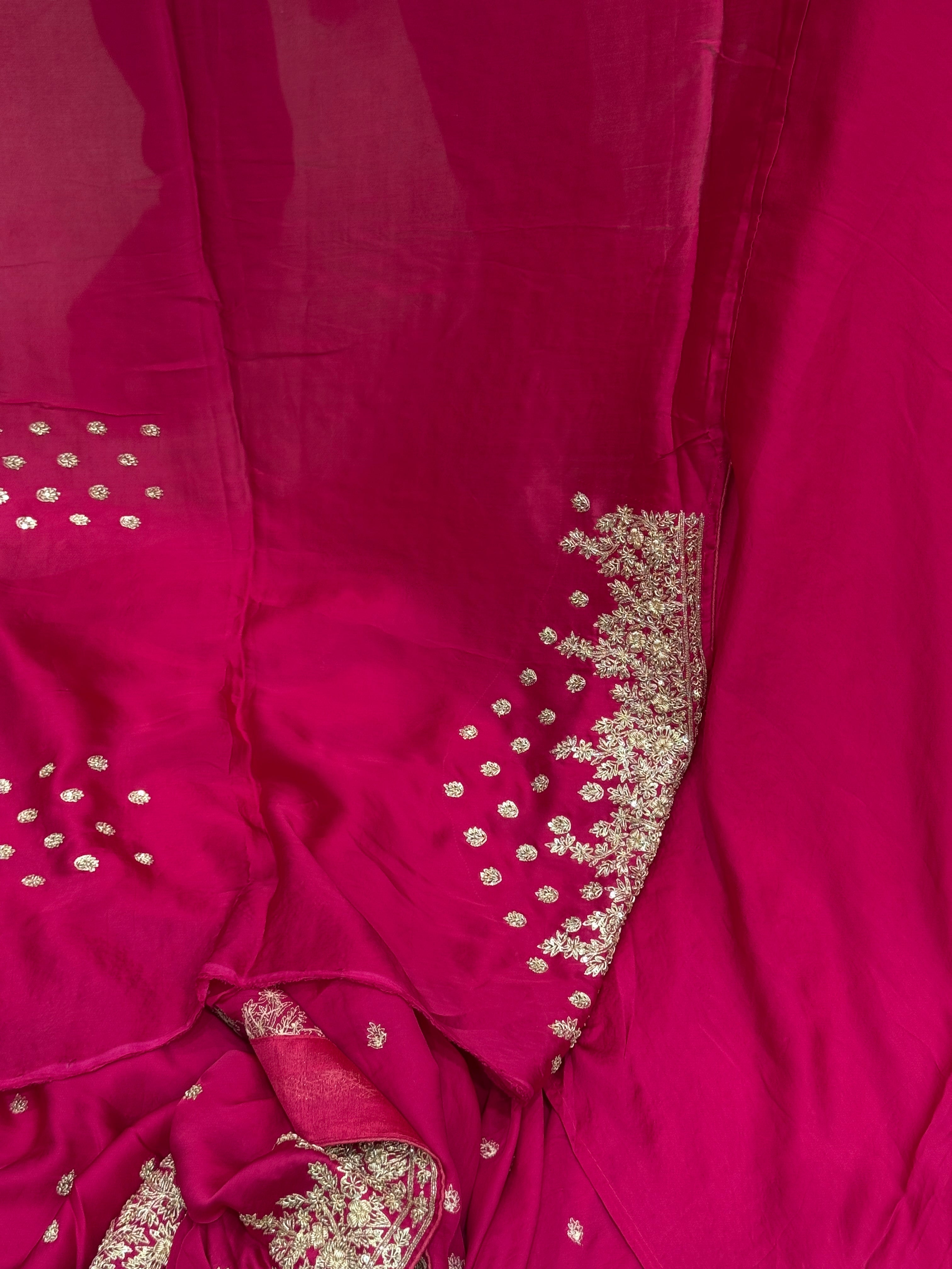 Rani Pink Small Buttis Satin Hand Embroidery Zardosi Saree