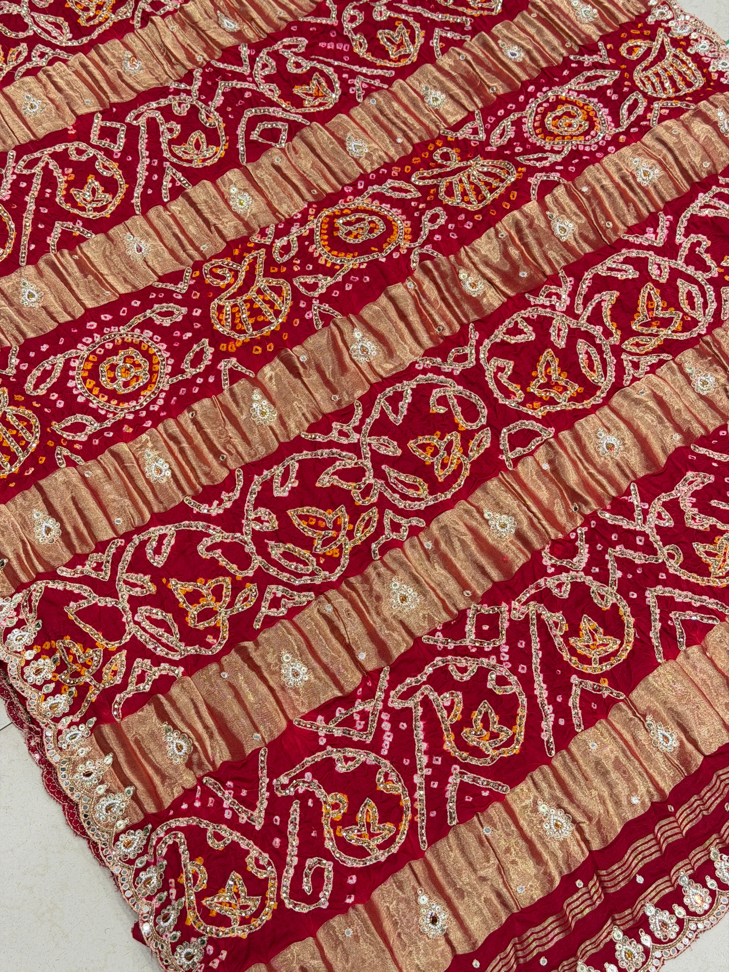 Maroon Half Half Gajji Silk Rai Bandhej Tila Hand Embroidery Saree