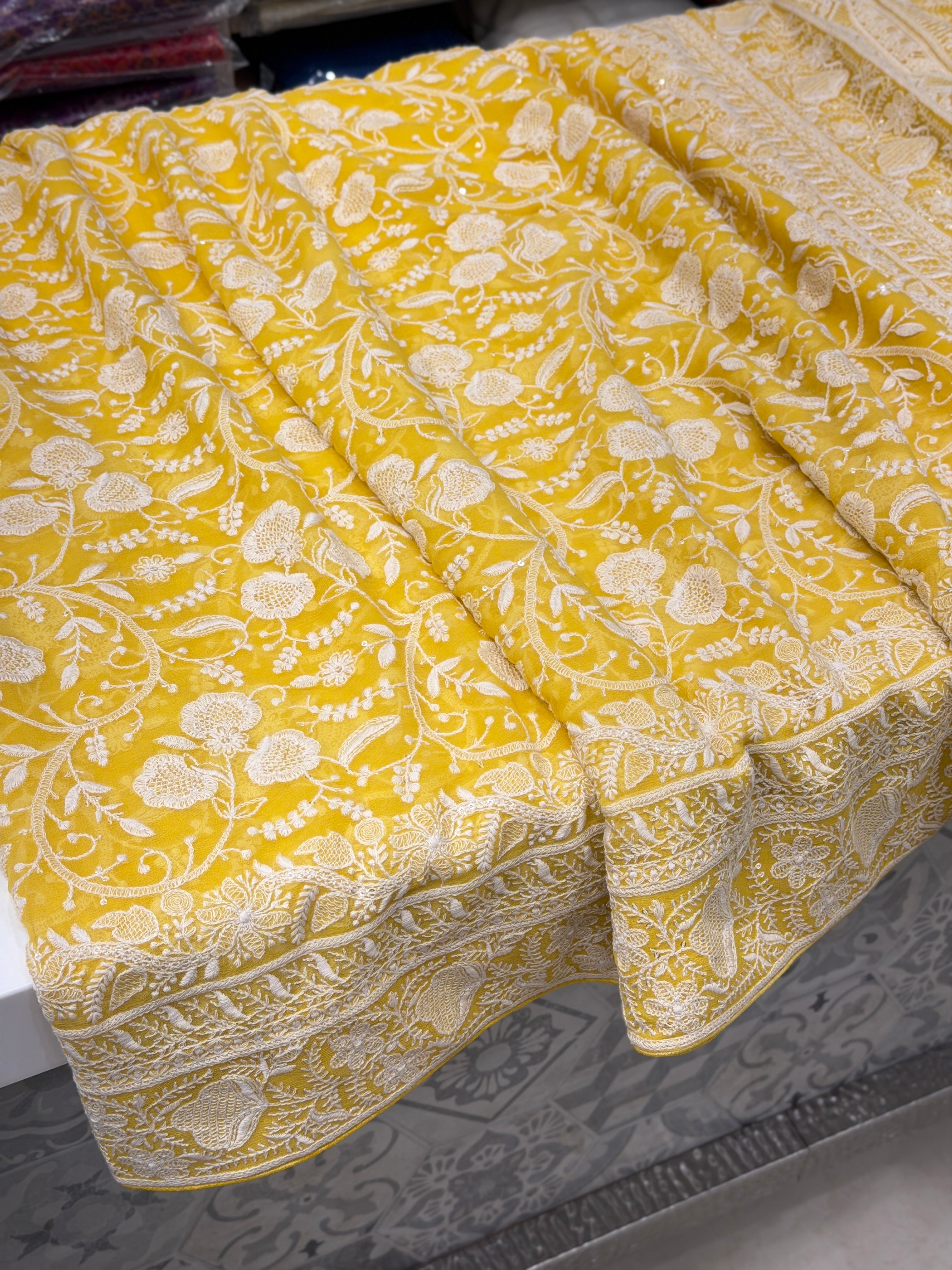 Yellow Georgette Chikankari Resham Saree