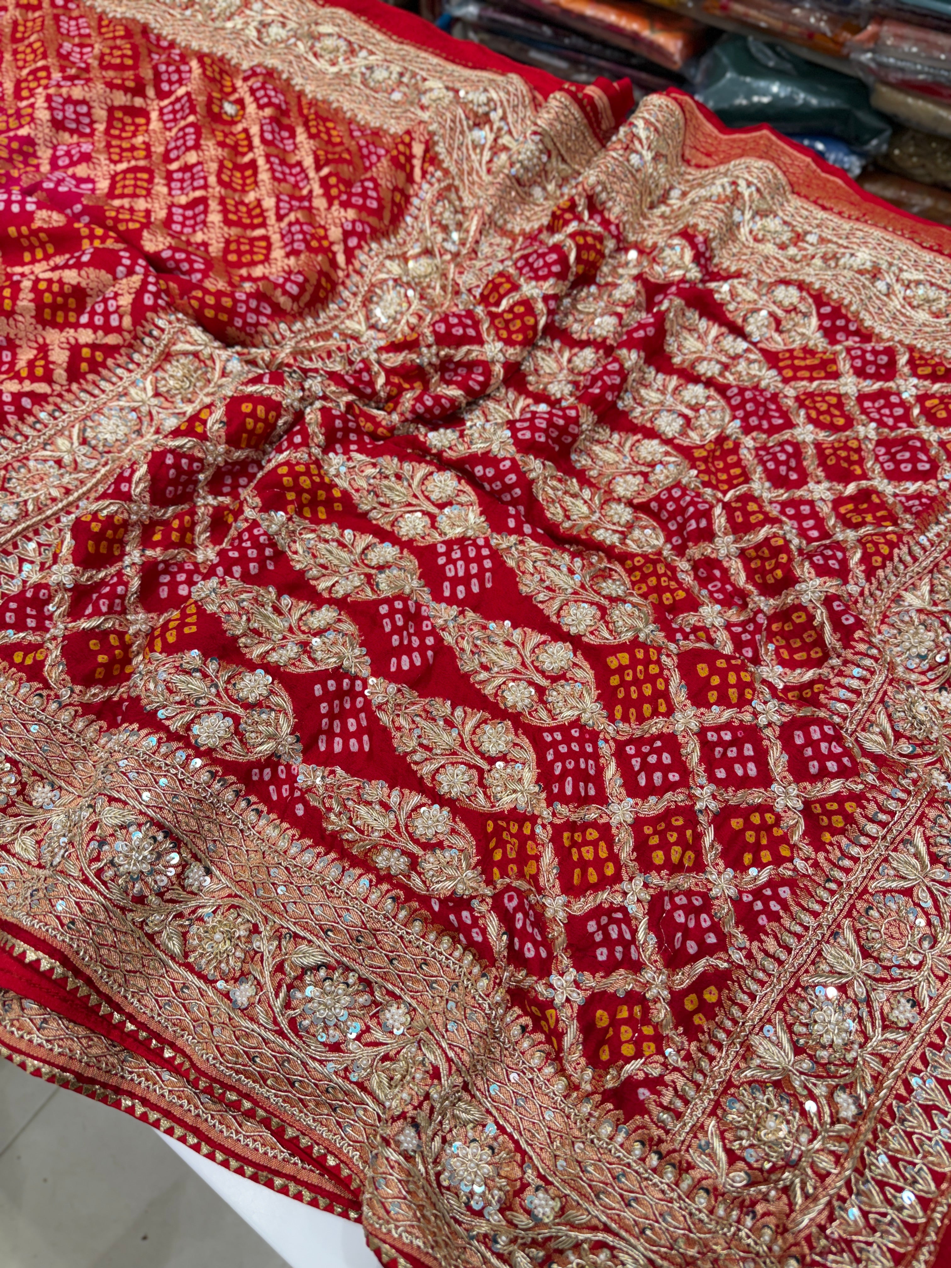 Red Rani Shaded Bandhej Zardosi Hand Embroidery Georgette Saree