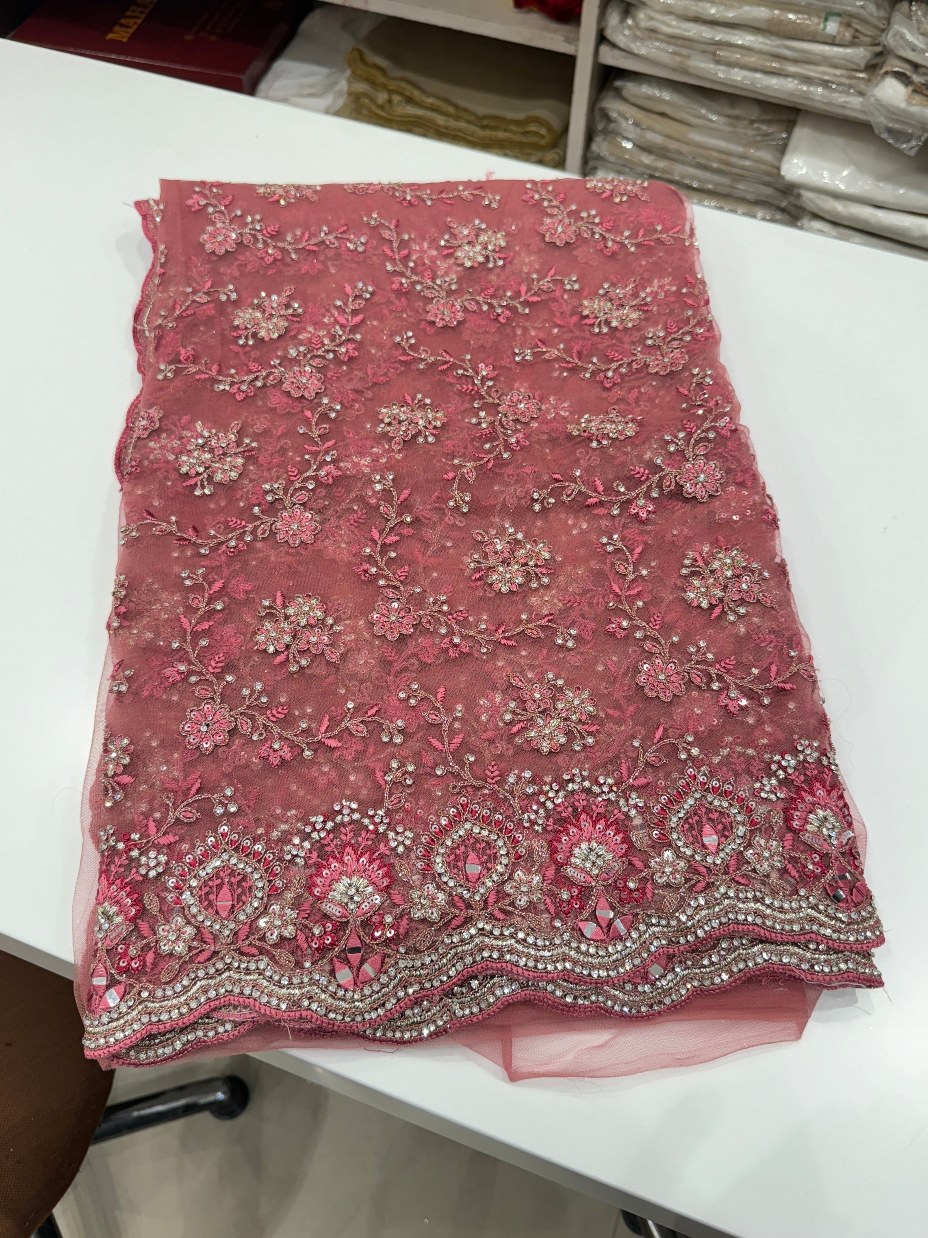 Gajri Pink Soft Net Embroidery Saree