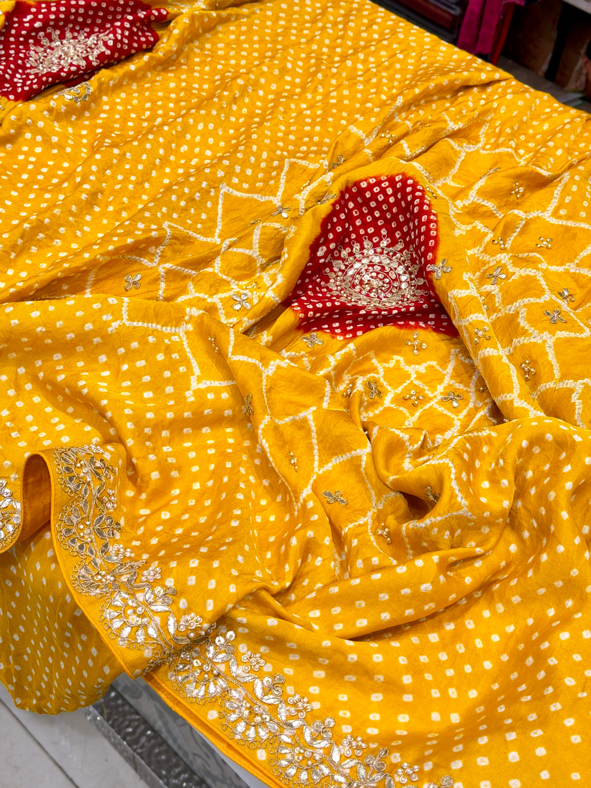 Yellow Jaal Faabiiana Inspired Gajji Silk Rai Bandhej Gotapatti Marodi Hand Embroidery Saree