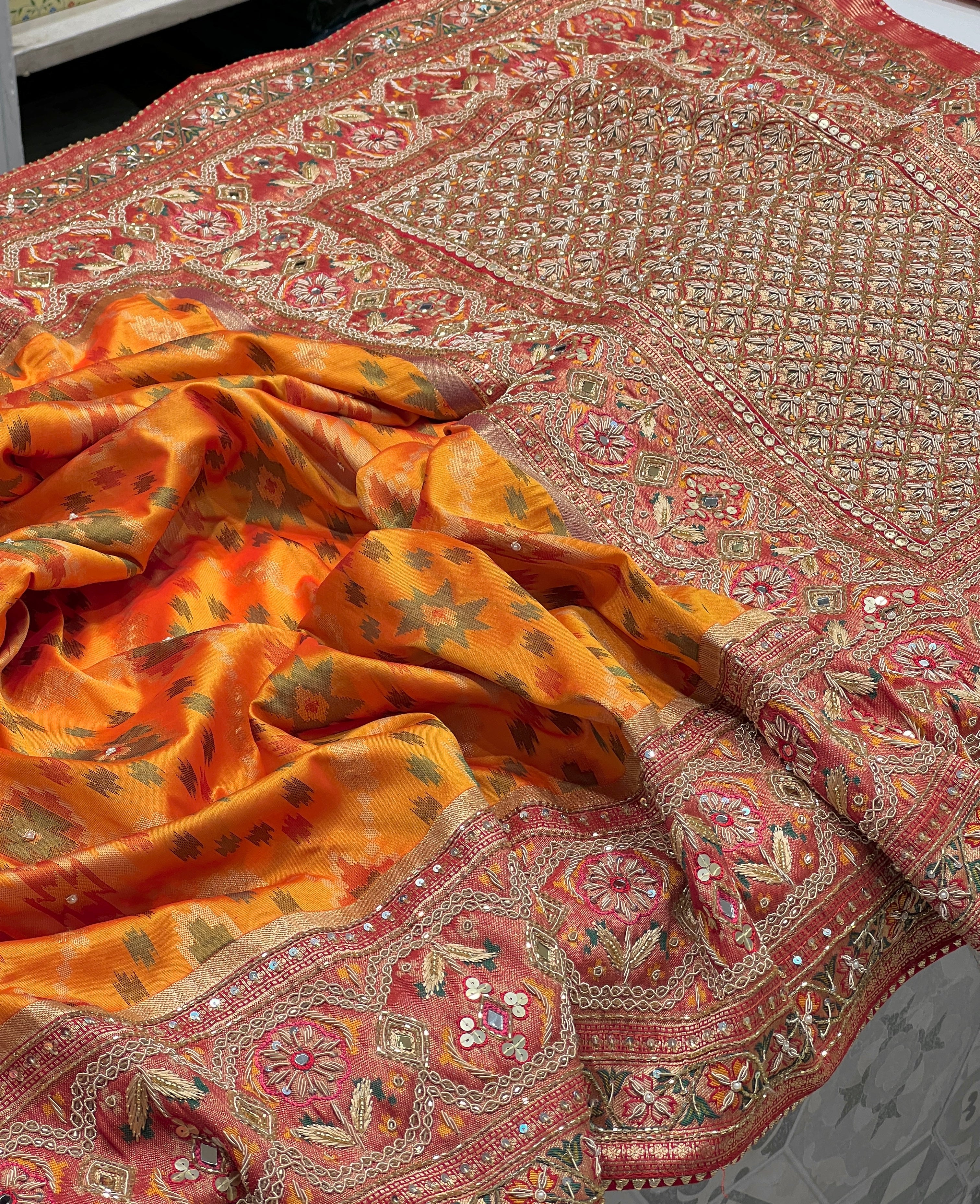 Orange Patola Zardosi Hand Embroidery Saree