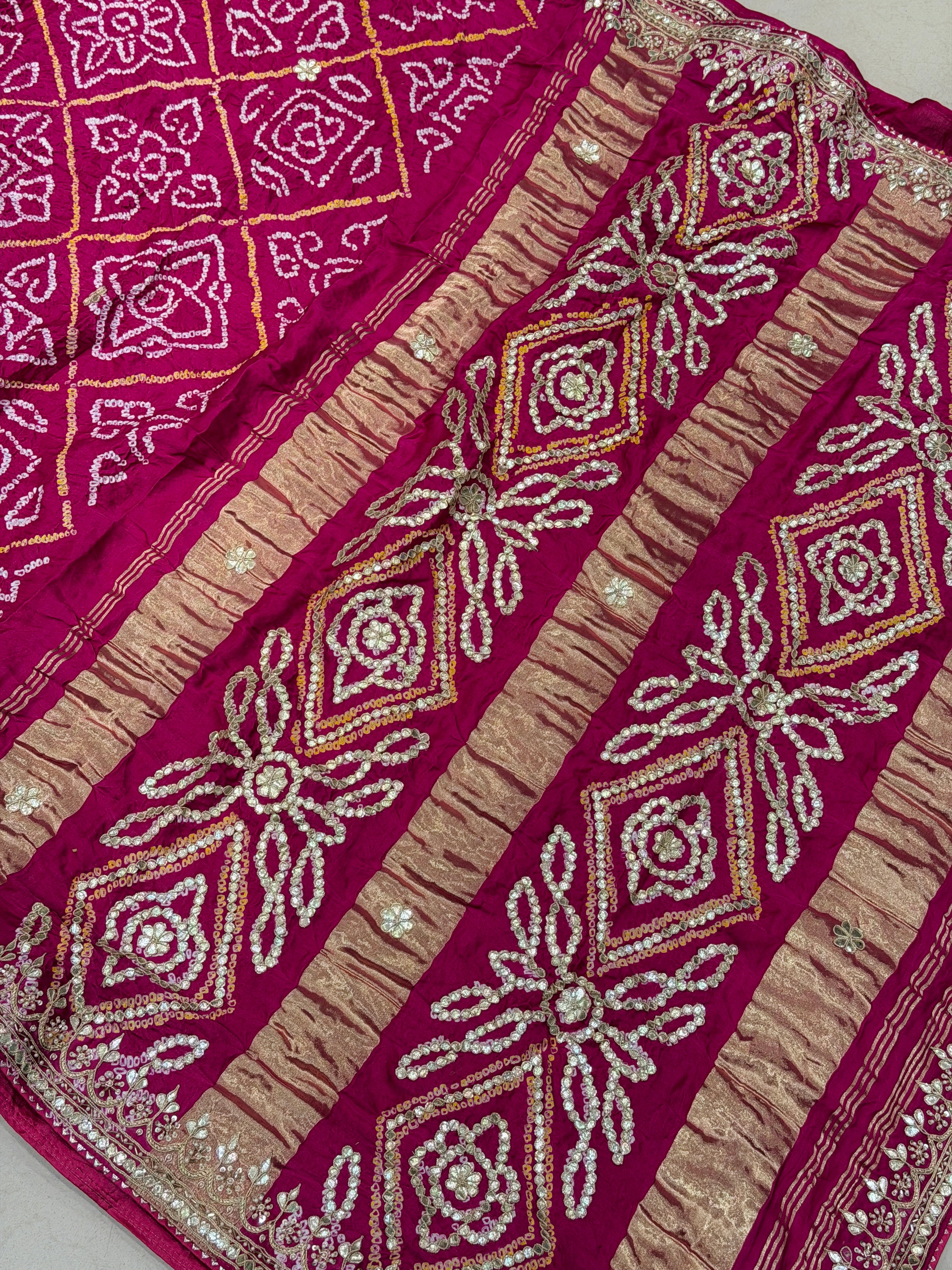 Rani Pink Gajji Silk Bandhej Gotapatti Hand Embroidery Saree
