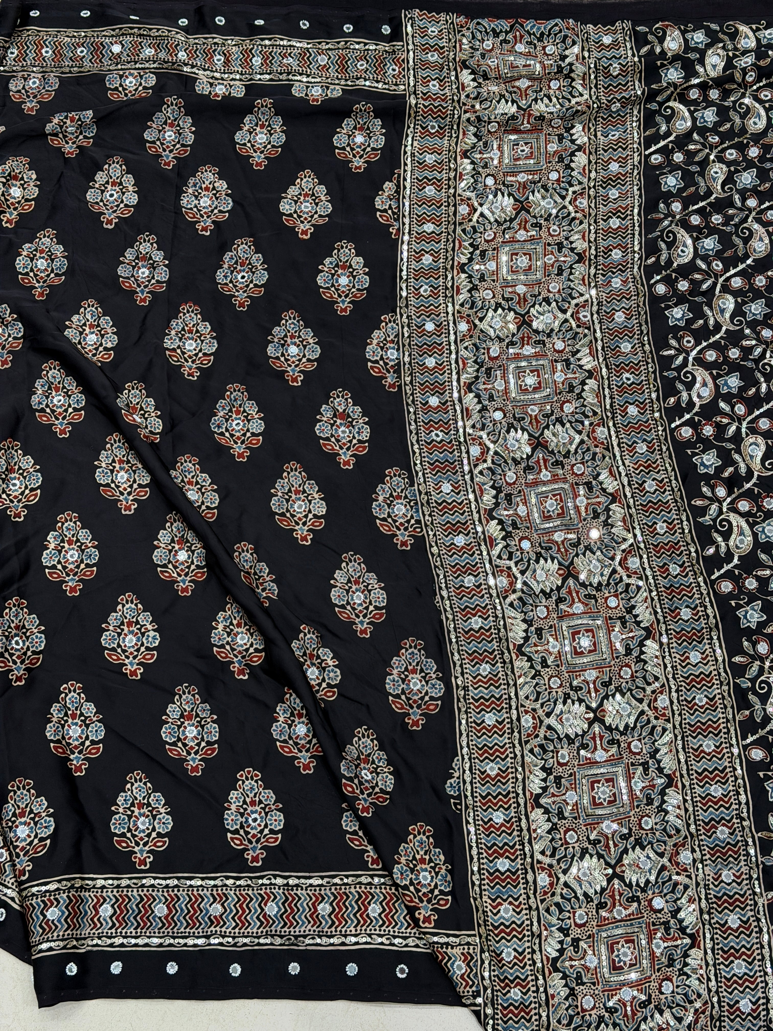 Black Ajrakh Butta Real Mirror Moti Sequin Hand Embroidery Saree