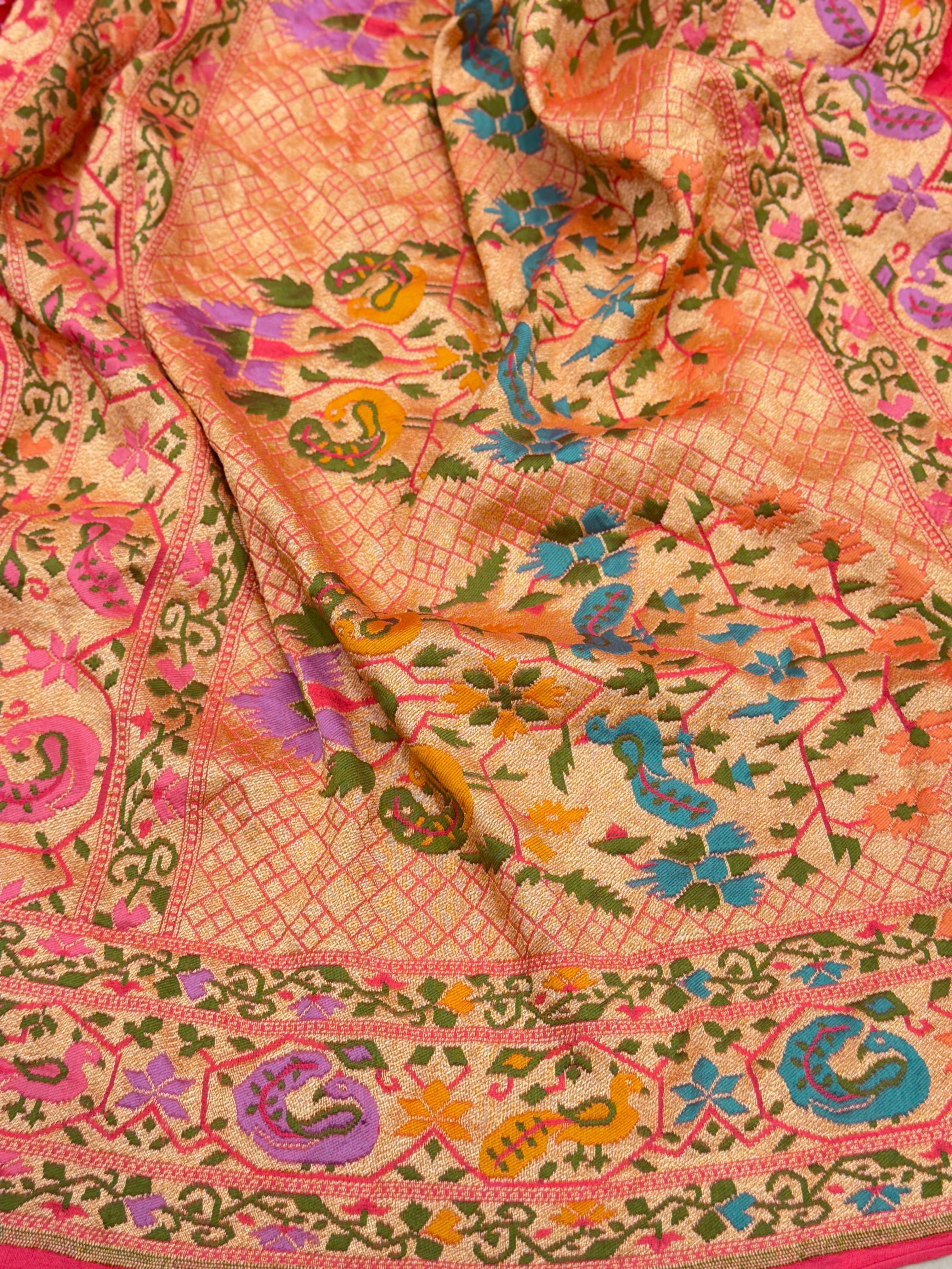 Peach Meenakari Rai Peacock Parrot Theme Bandhej Saree