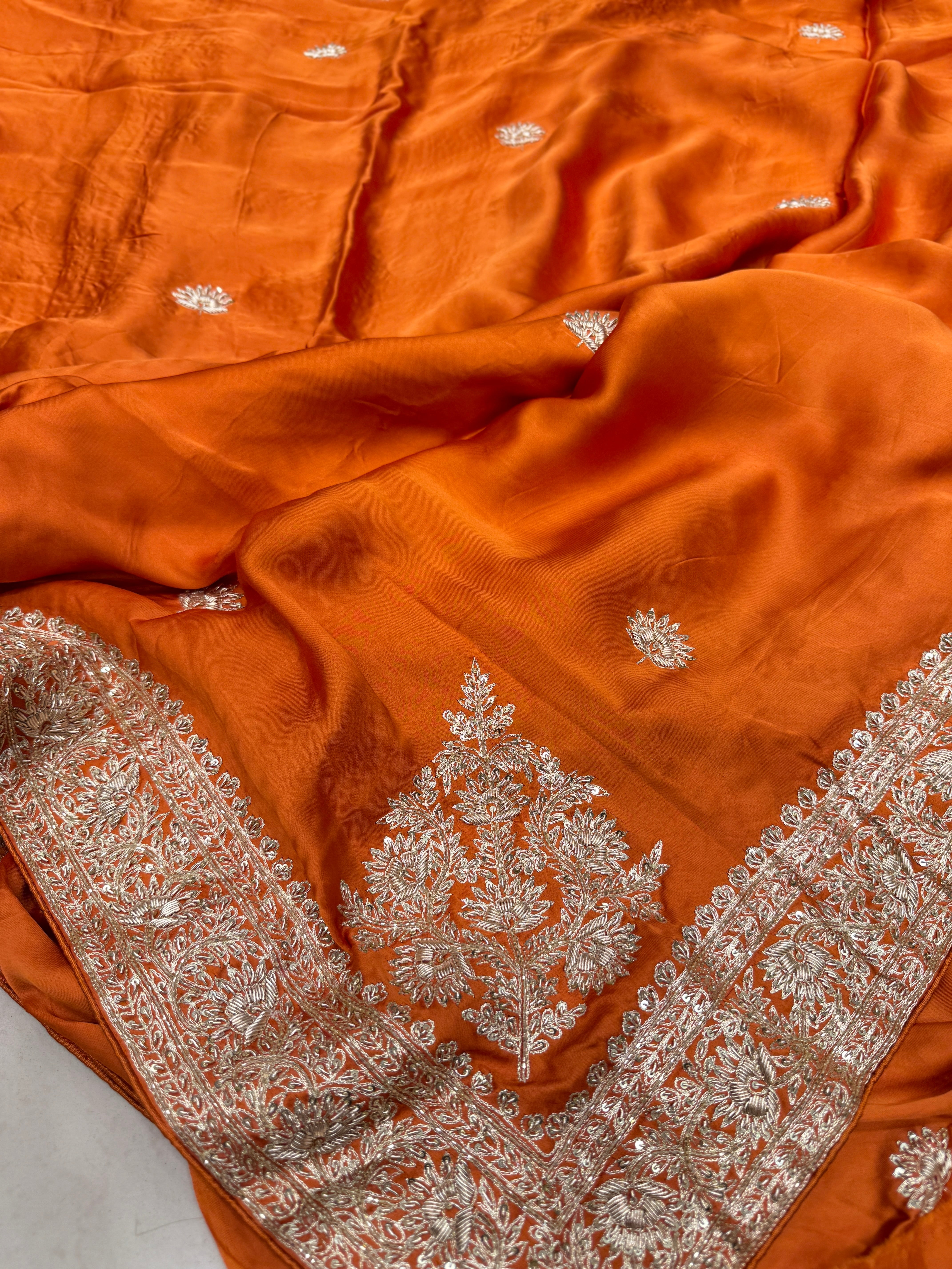 Rust Orange Buttis Pure Satin Hand Embroidery Zardosi Saree