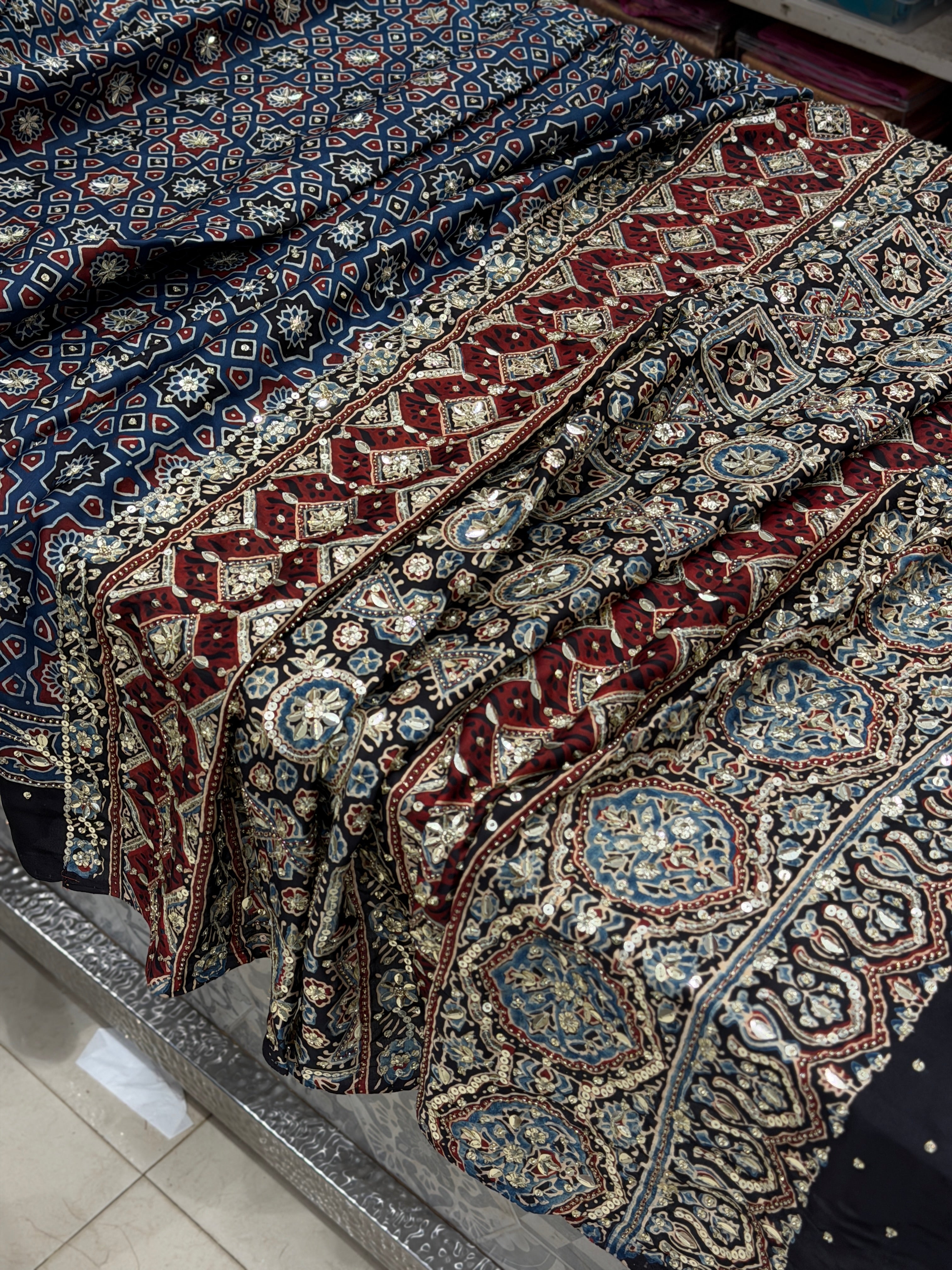 Blue Four Square Moti Sequin Ajrakh Hand Embroidery Saree