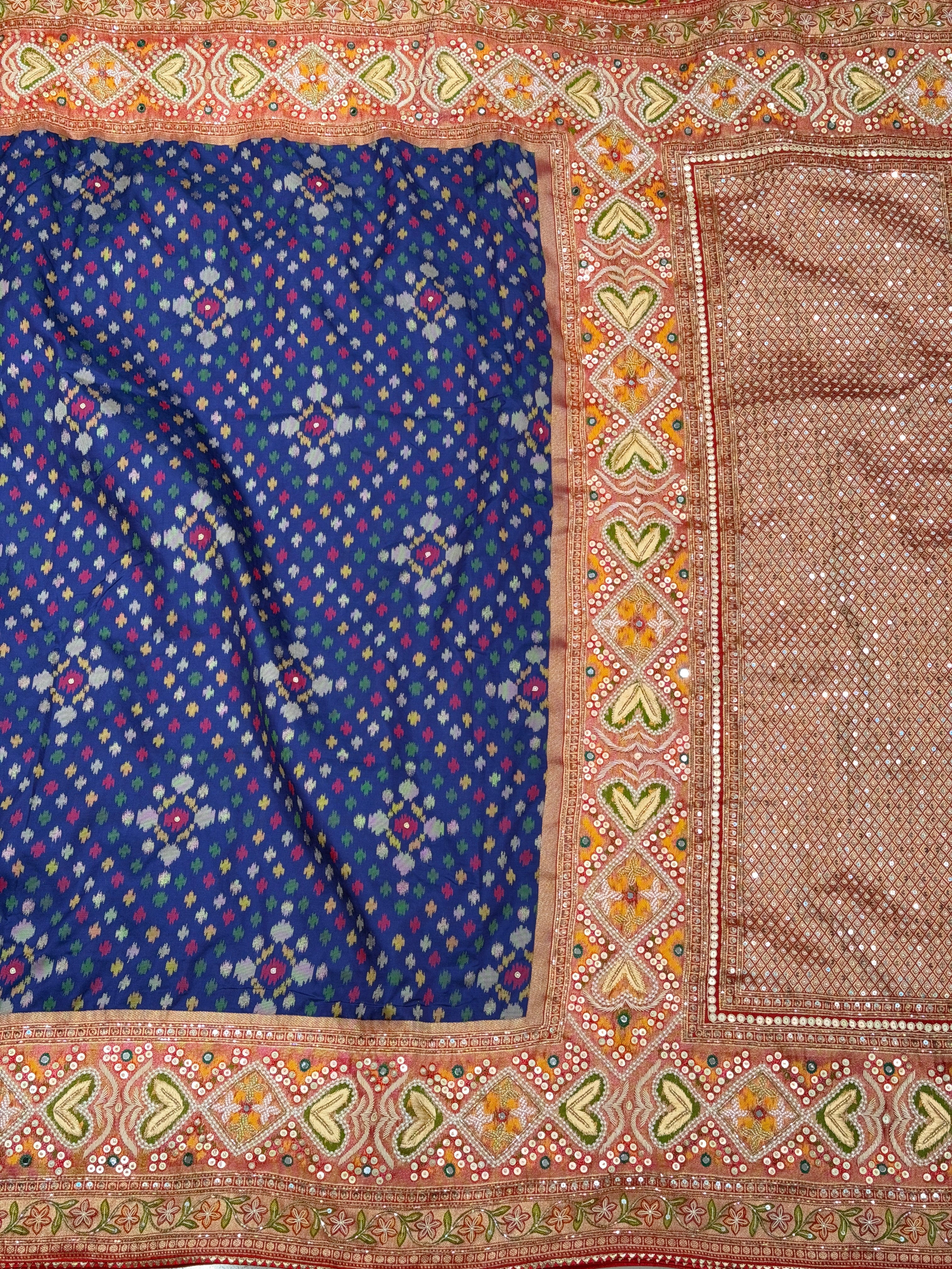 Blue Patola Ikat Weave Hand Embroidery Zardosi Kidiya Moti Hand Embroidery Saree