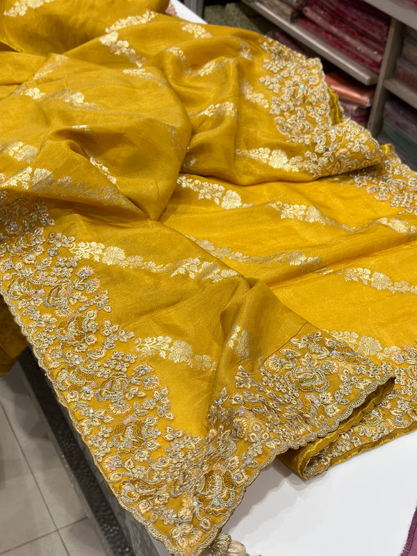 Yellow Crepe Tissue Embroidery Saree