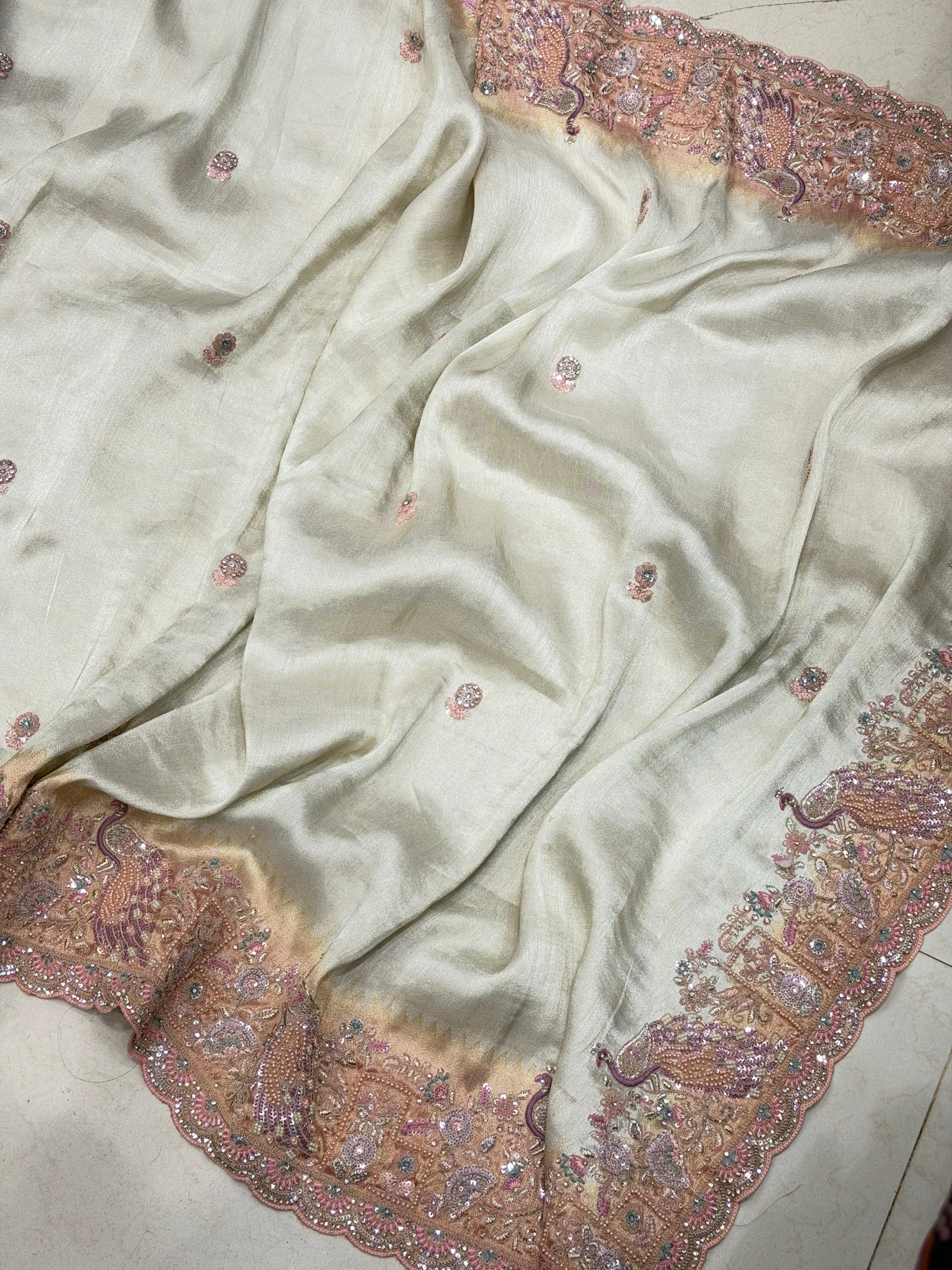 Silver Light Pink Soft Tissue Weaved Moti Embroidery Saree