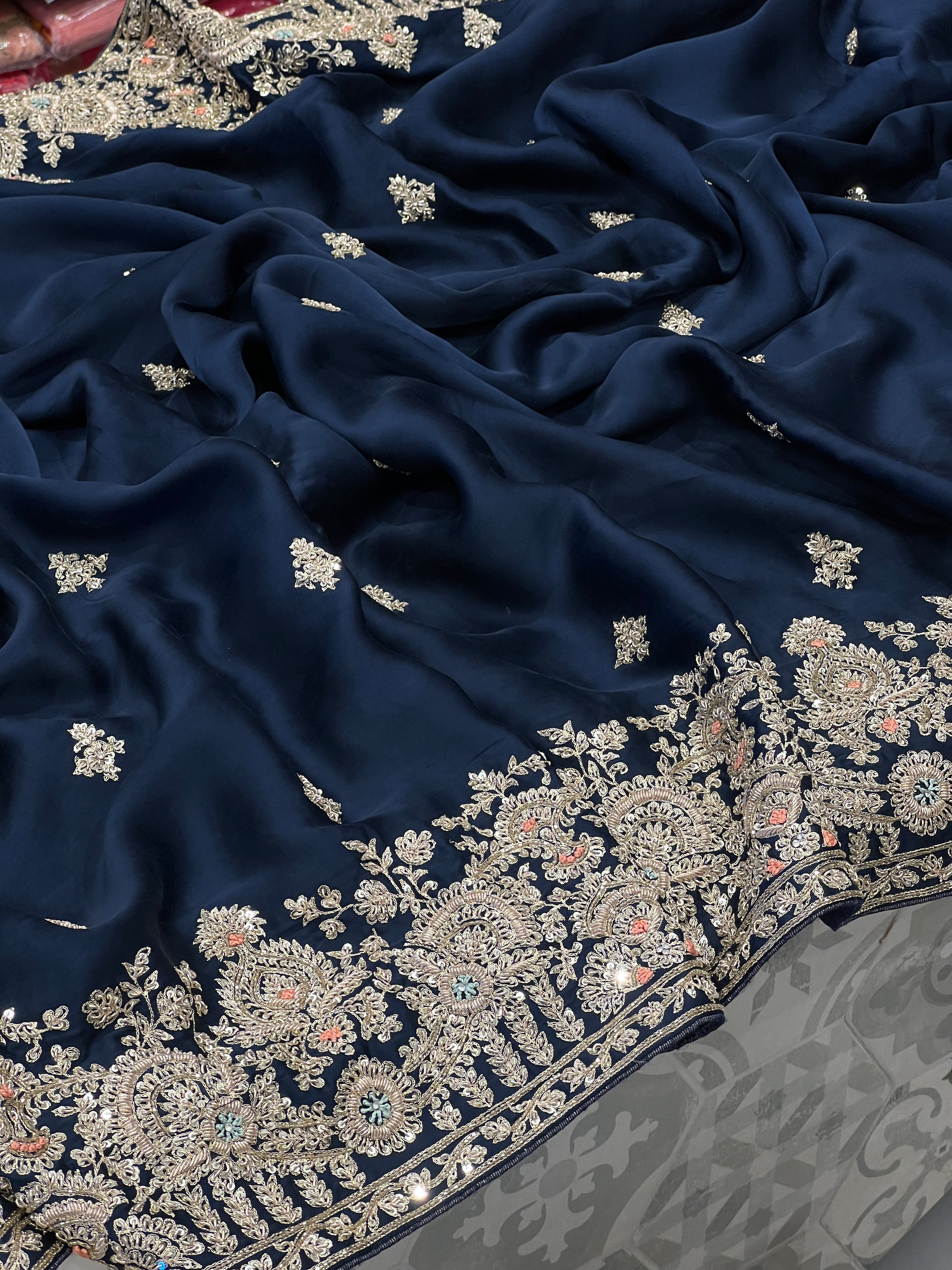 Navy Blue Satin Hand Embroidery Zardosi Saree