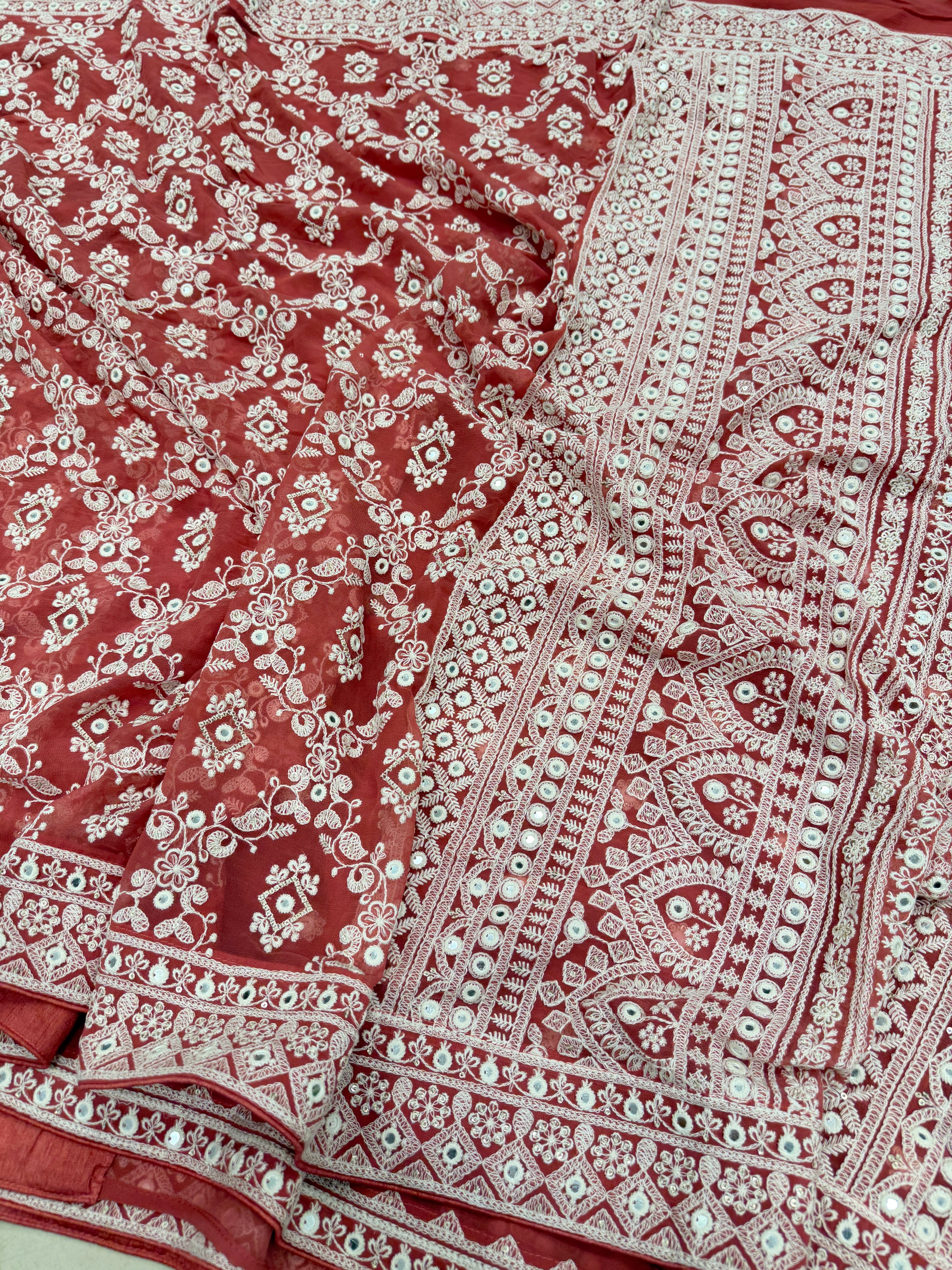 Rust Red Chikankari Jaal Georgette Resham Embroidery Saree