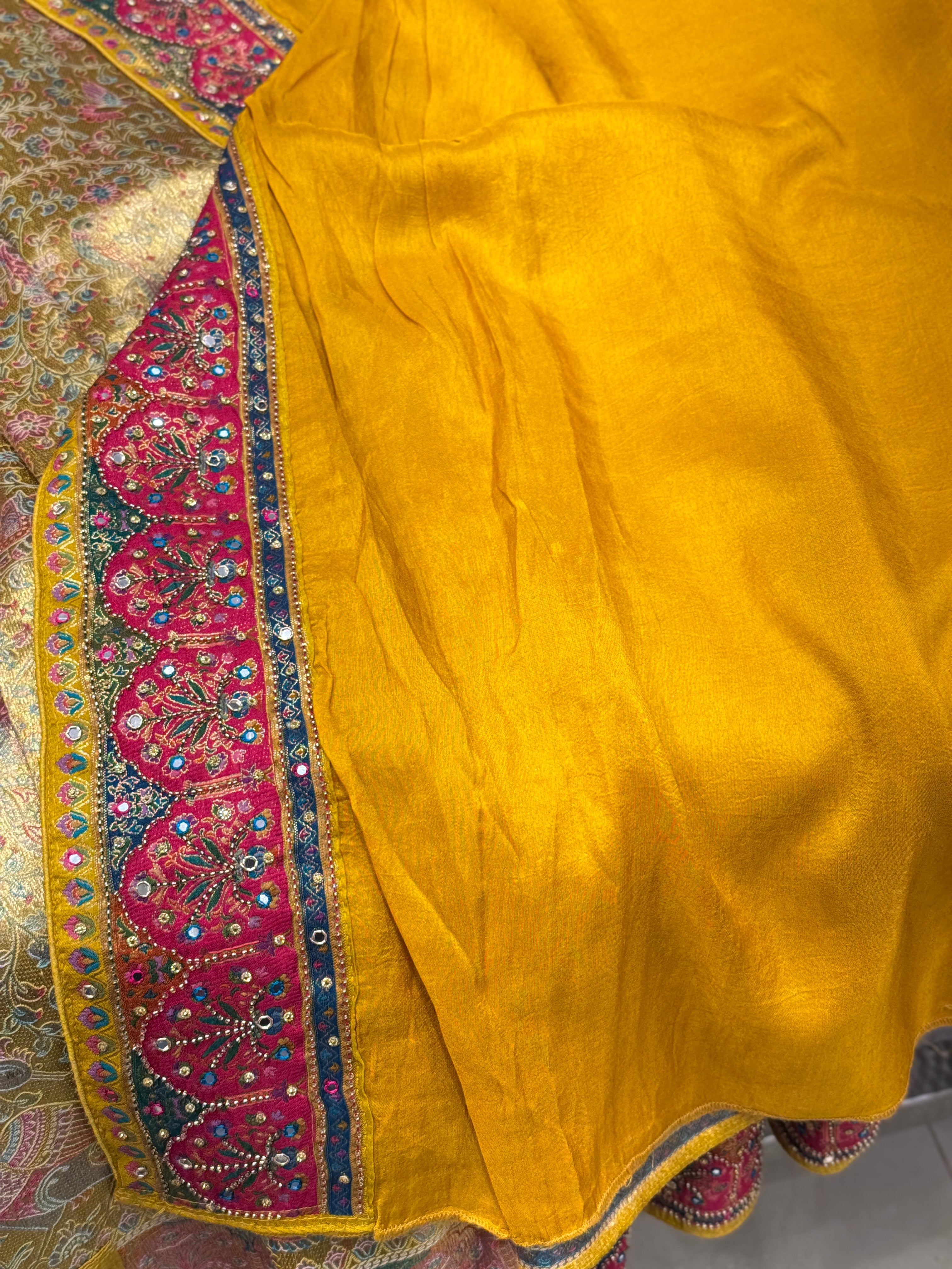 Yellow Pashmina Style Moti Hand Embroidery Saree