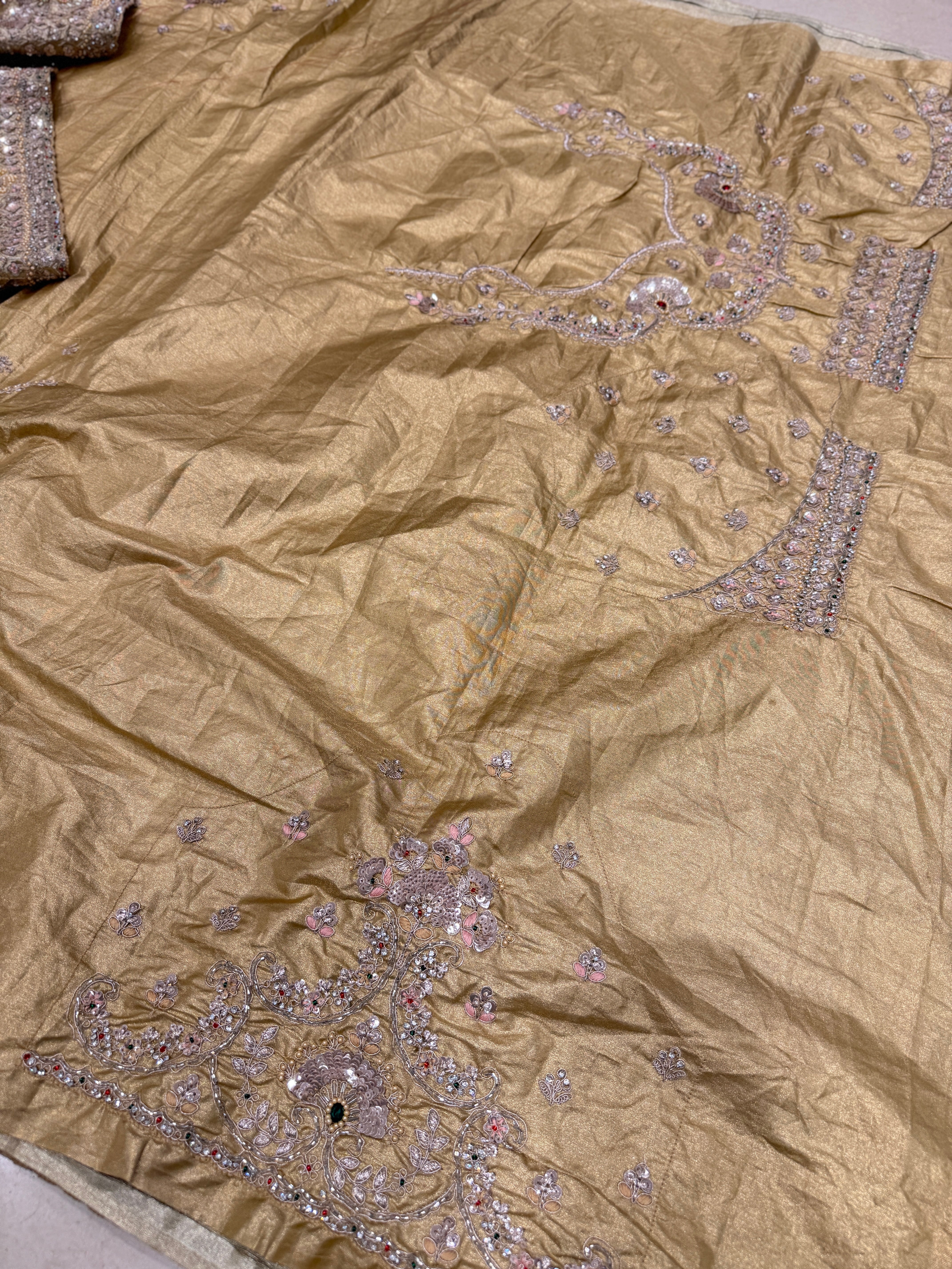 Golden Crushed Paper Tissue Silk Embroidery Saree
