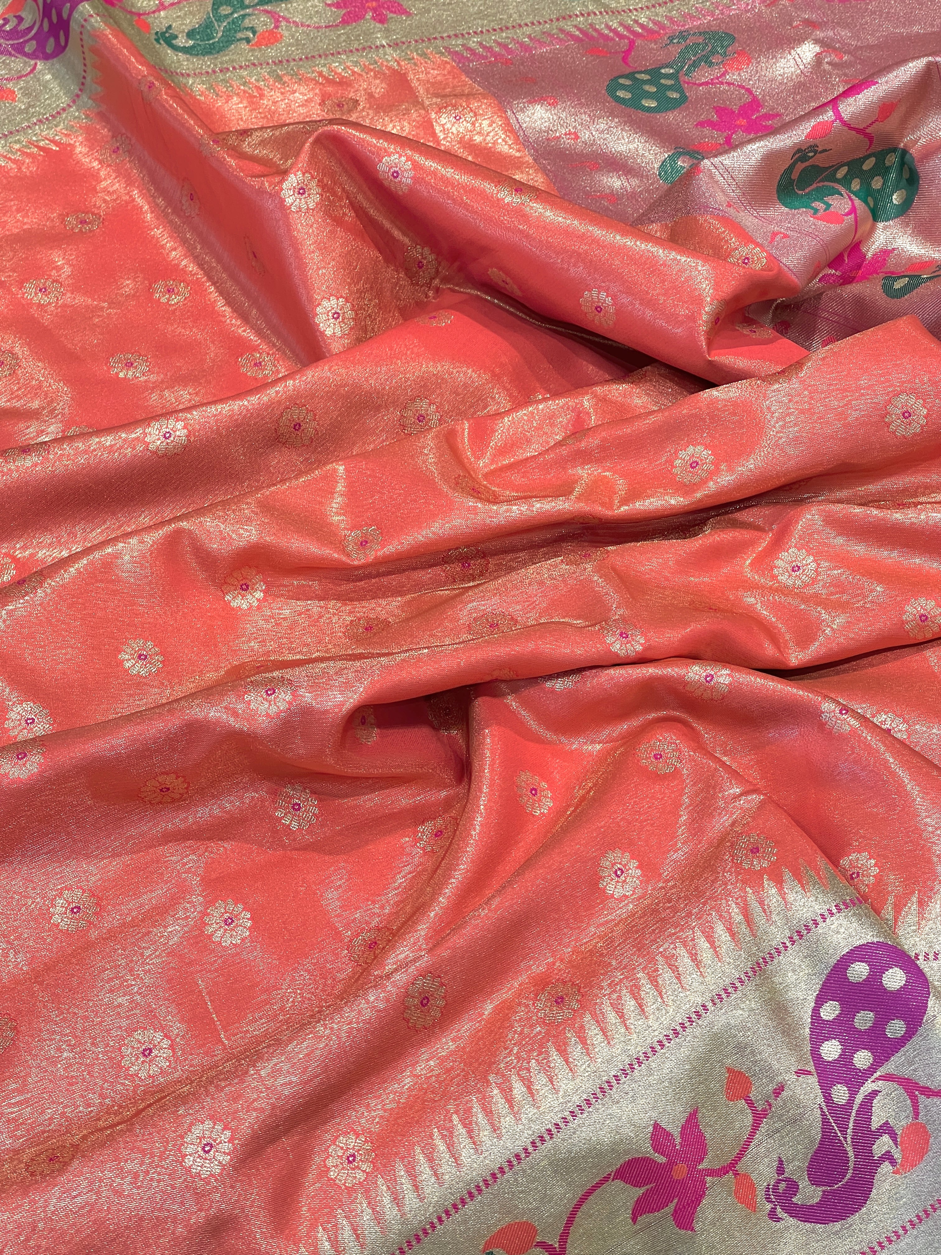 Peachish Orange Tissue Silk Paithani Saree