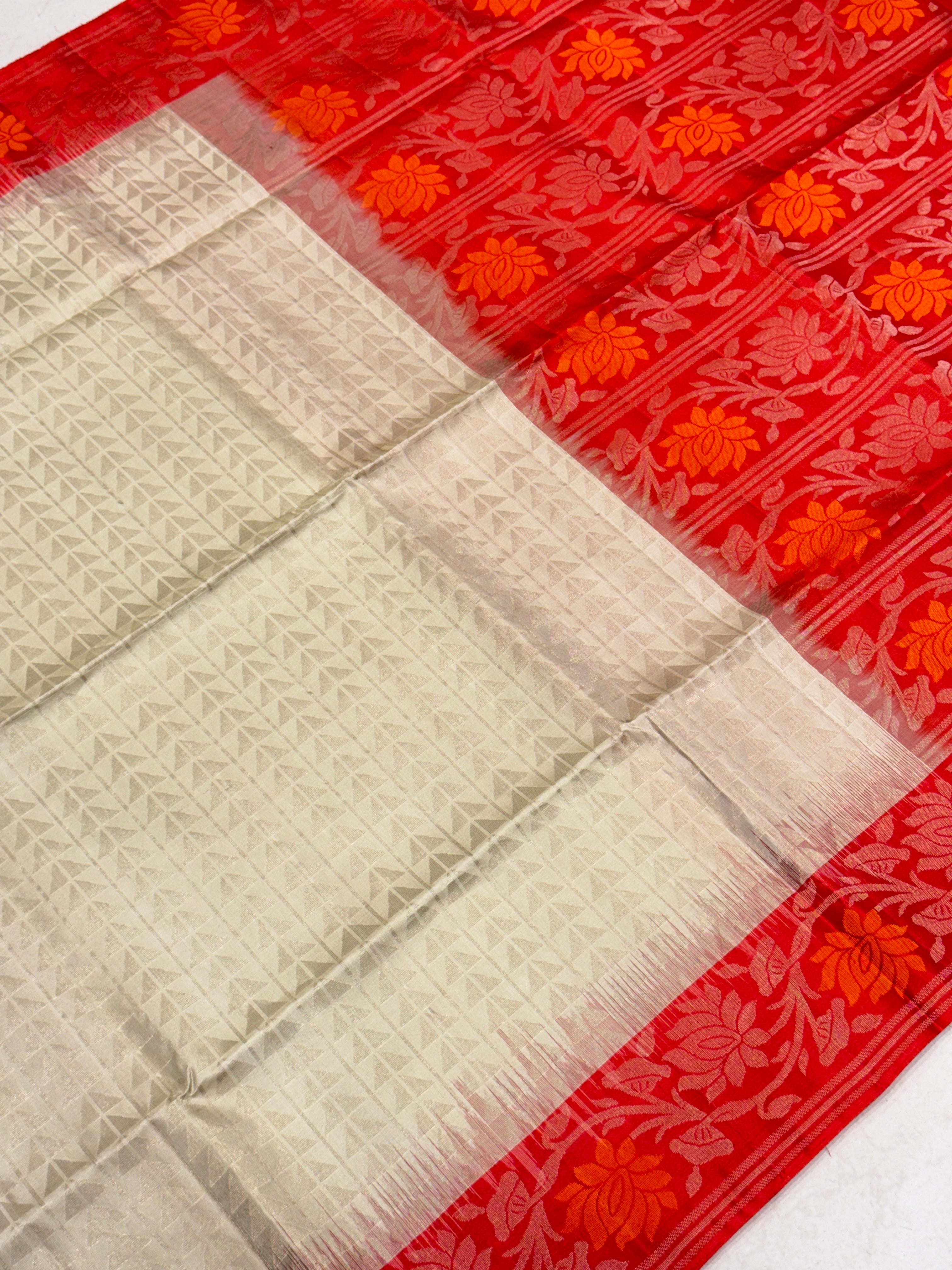 Moti White Red Jaal Pallu Contemporary Handloom Kanchipuram Pure Silk Saree