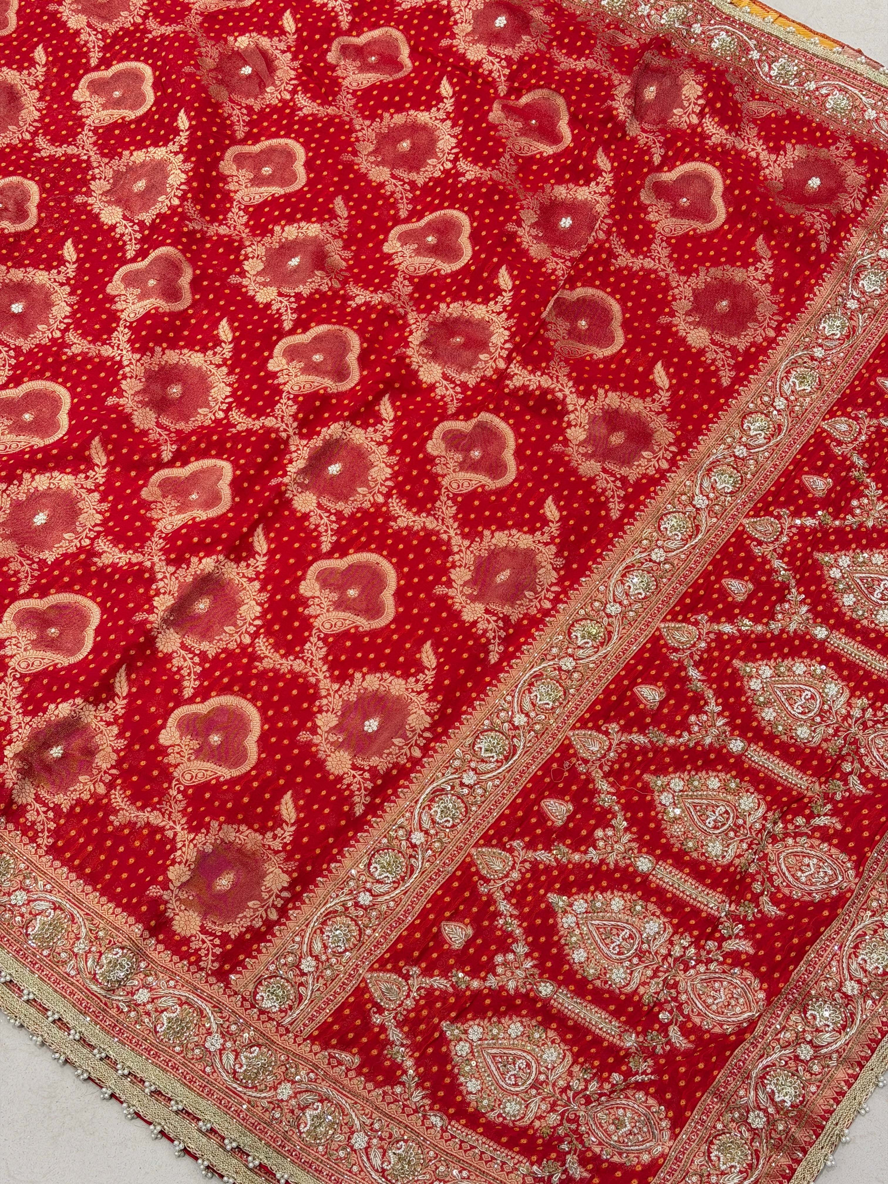 Red Woven Bandhej Zardodi Moti Hand Embroidery Saree
