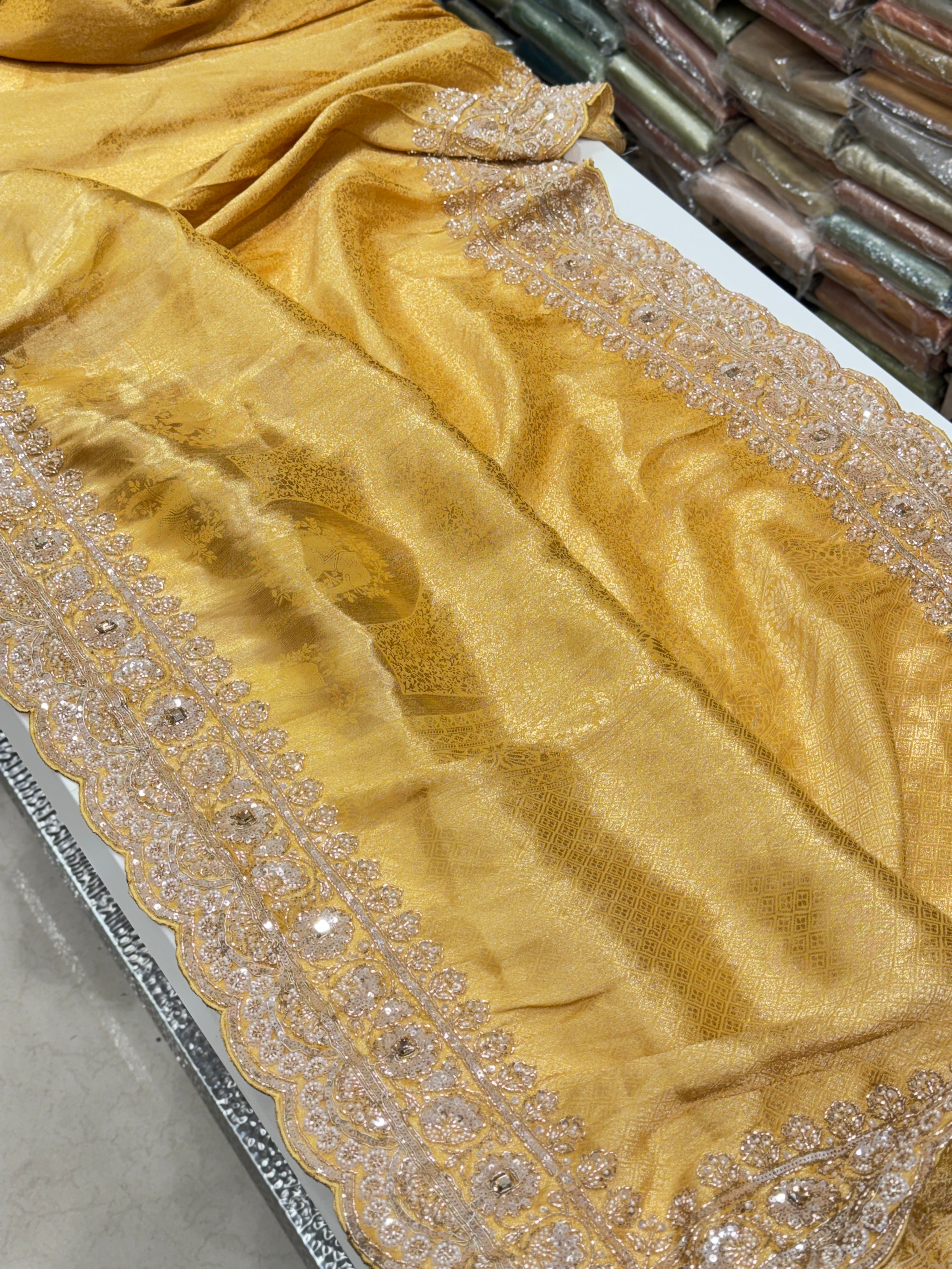 Yellow Soft Silk Moti Cutdana Embroidery Saree