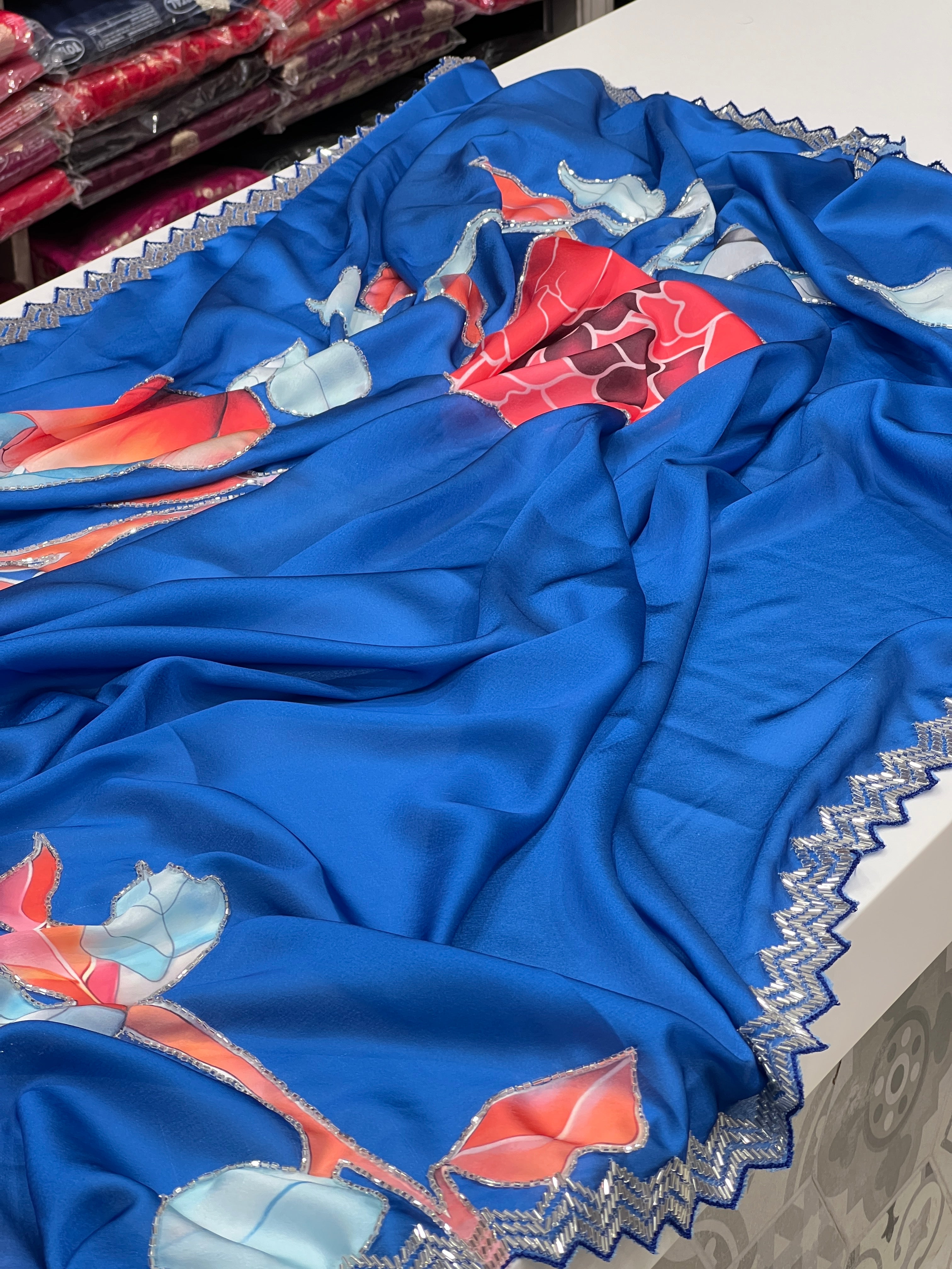 Blue Satin Border Embroidery Saree