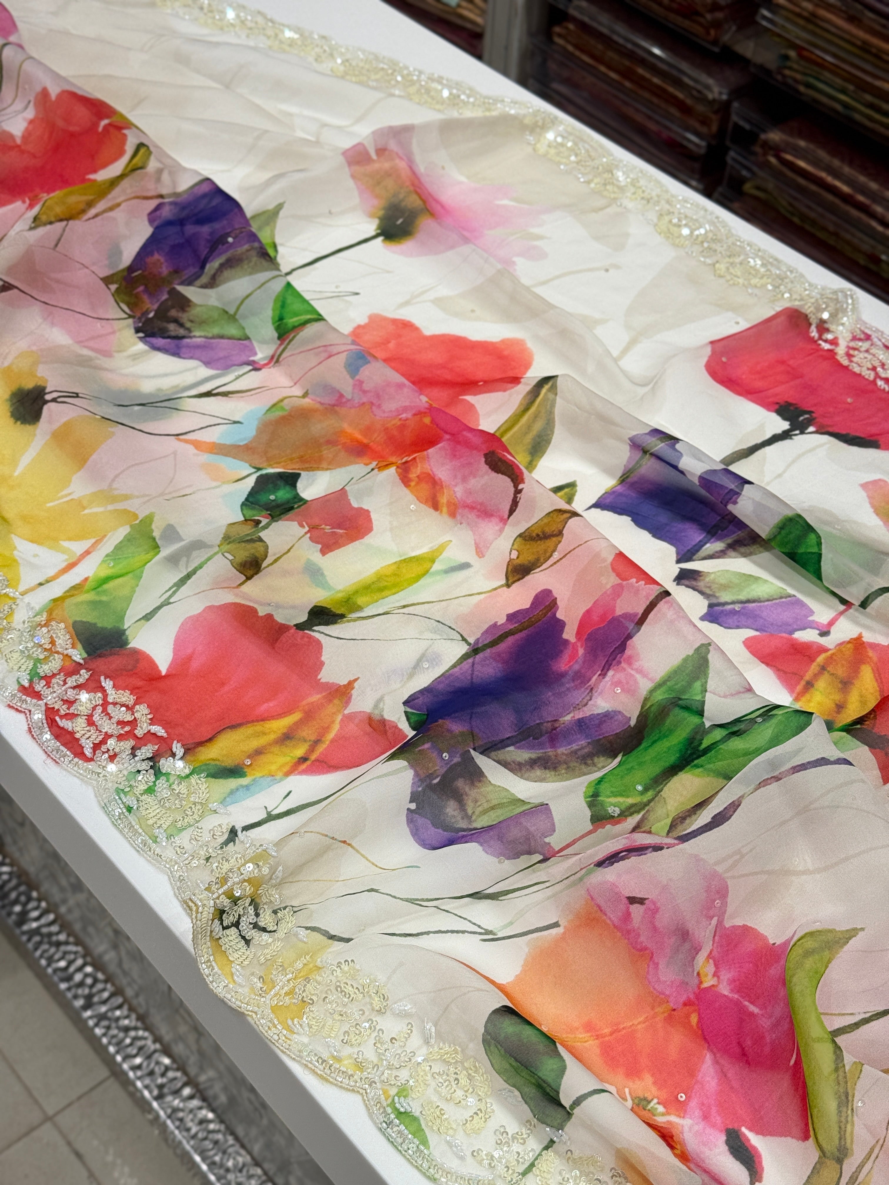 Multi Colour Print Muslin Border Heavy Hand Embroidery Saree
