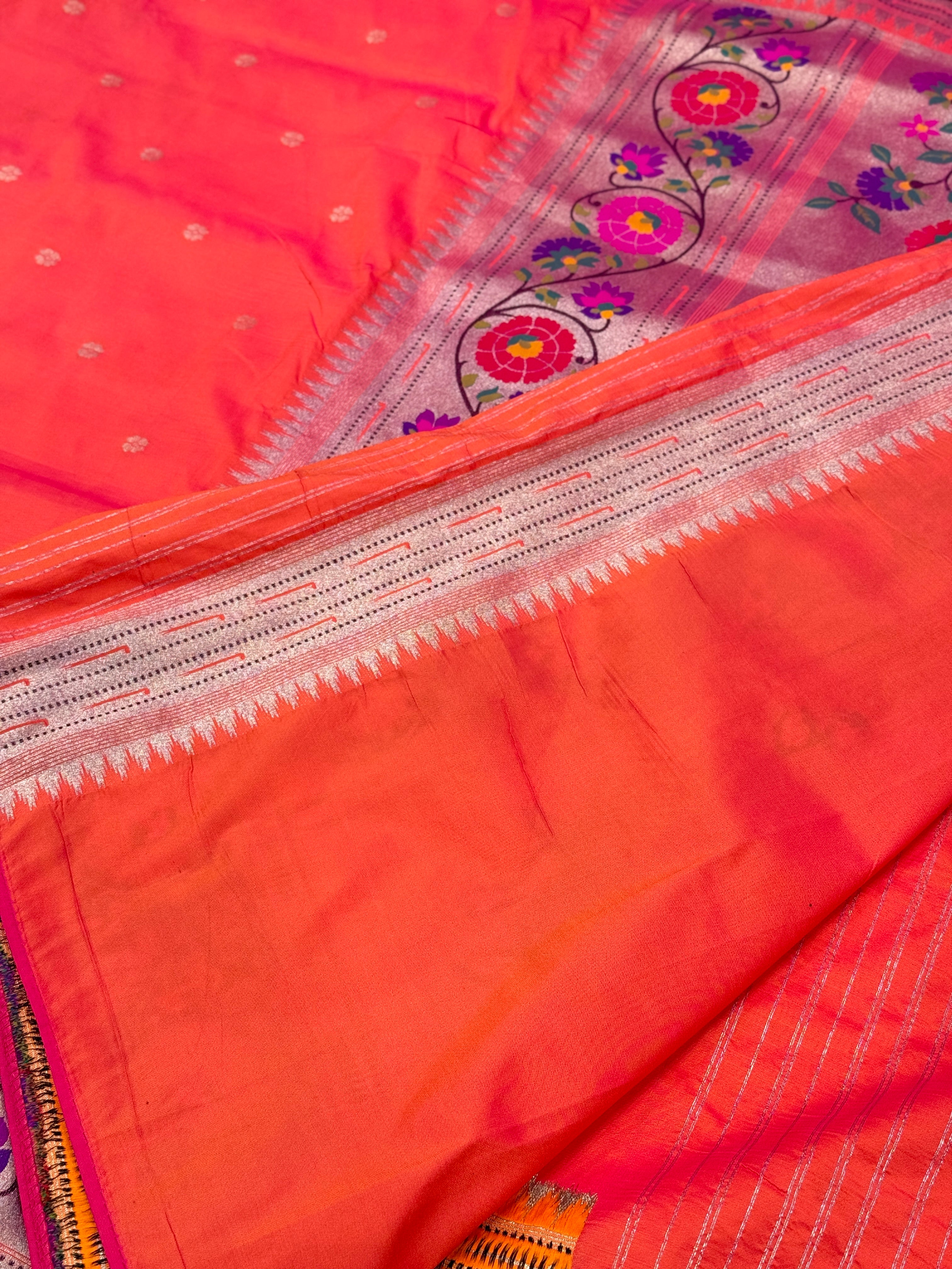 Peach Dhup Chav Lotus Border Paithani Silk Saree