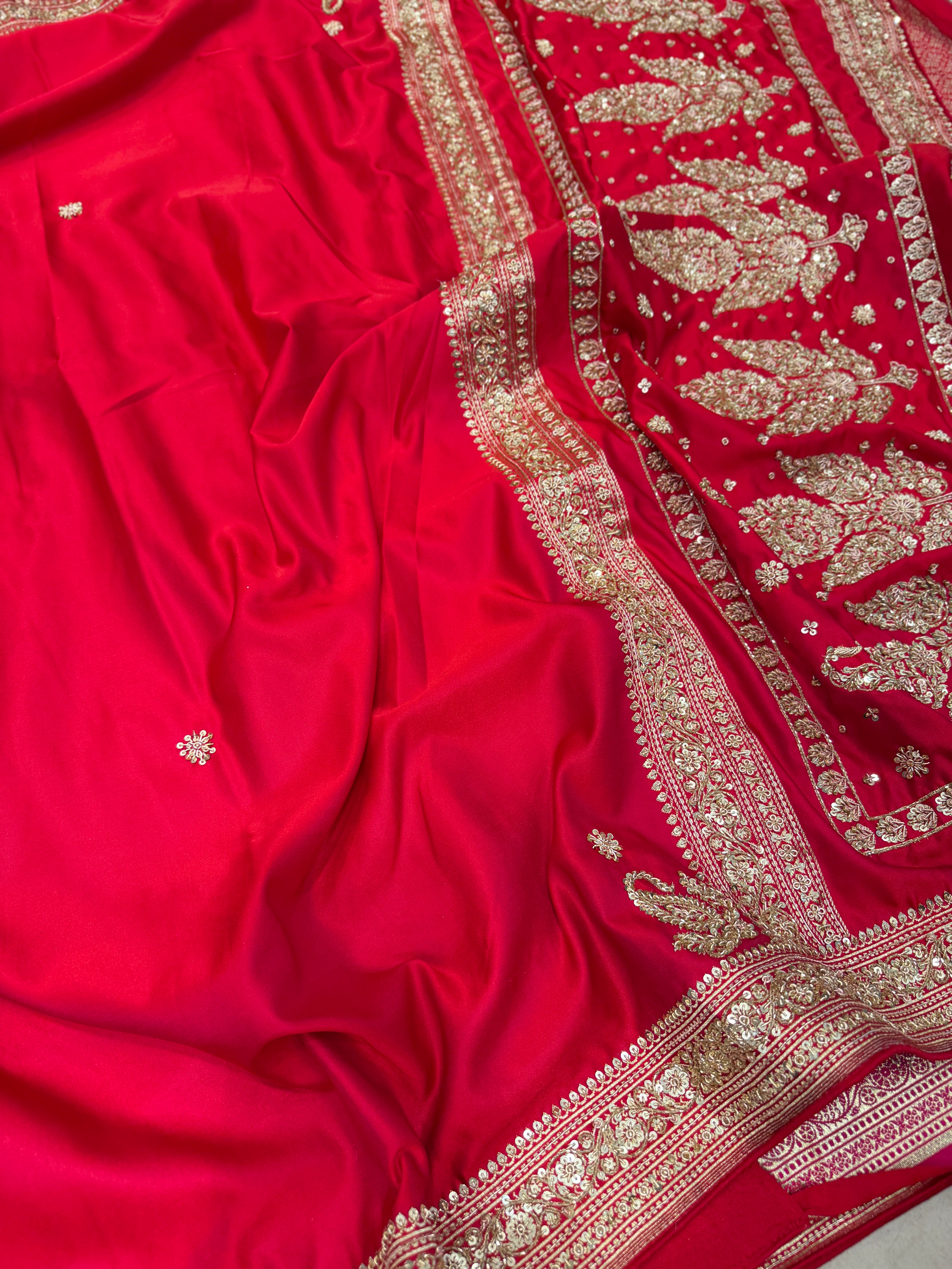 Cross Red Banarasi Plain Zardosi Hand Embroidery Saree
