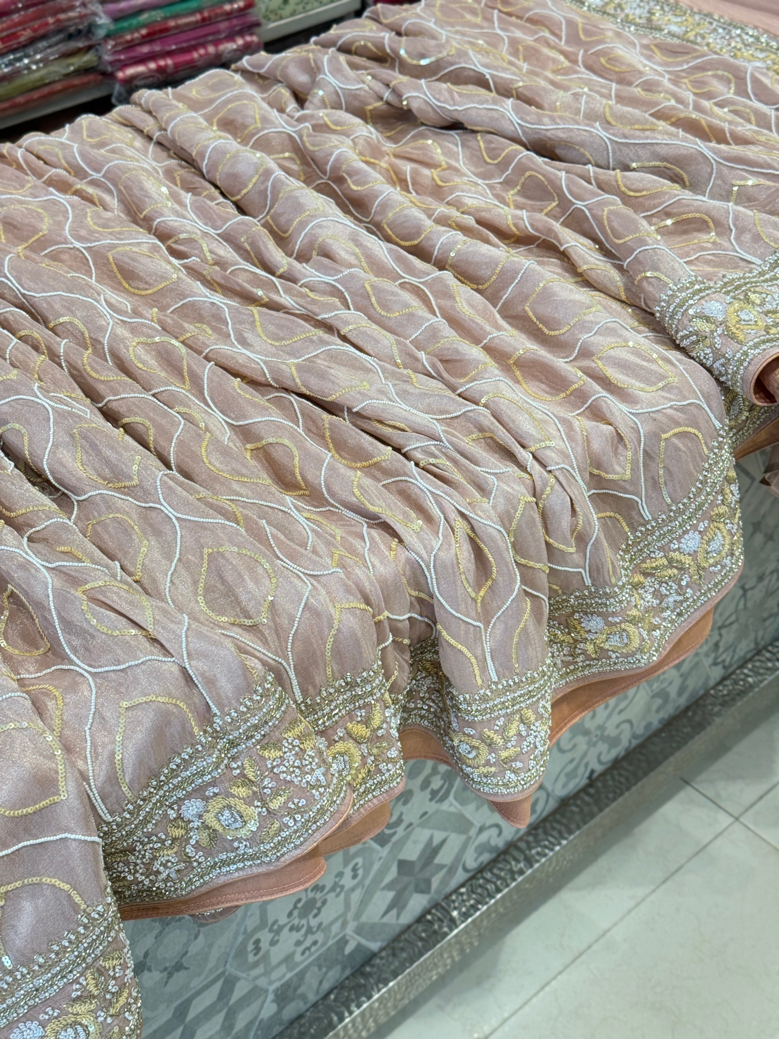 Nude Pink Crepe Tissue Embroidery Saree